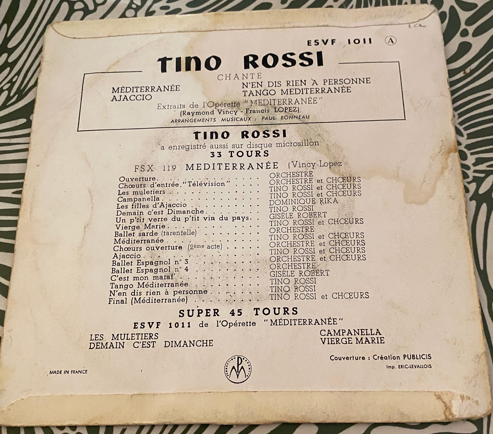 Disque vinyle 45 Tours Tino Rossi. Méditerranée