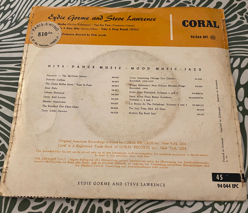 Disque vinyle 45 tours Eydie Gorme And steve Laurence. Besame Mucho