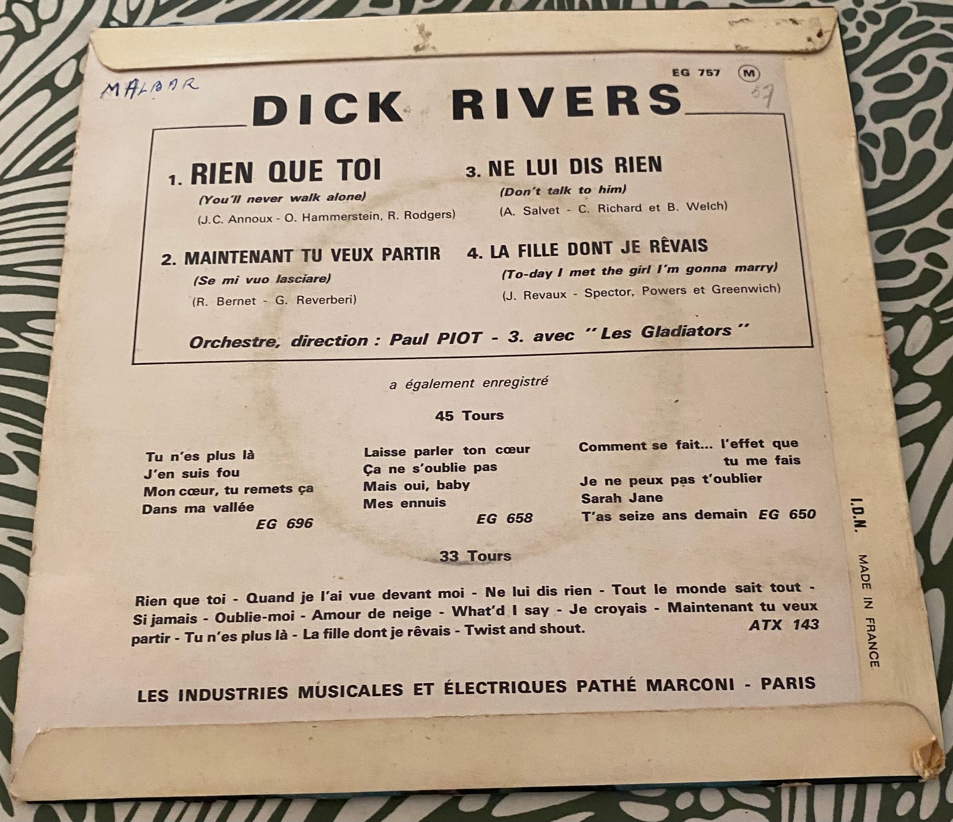 Disque vinyle 45 Tours Dick. Rien que toi.