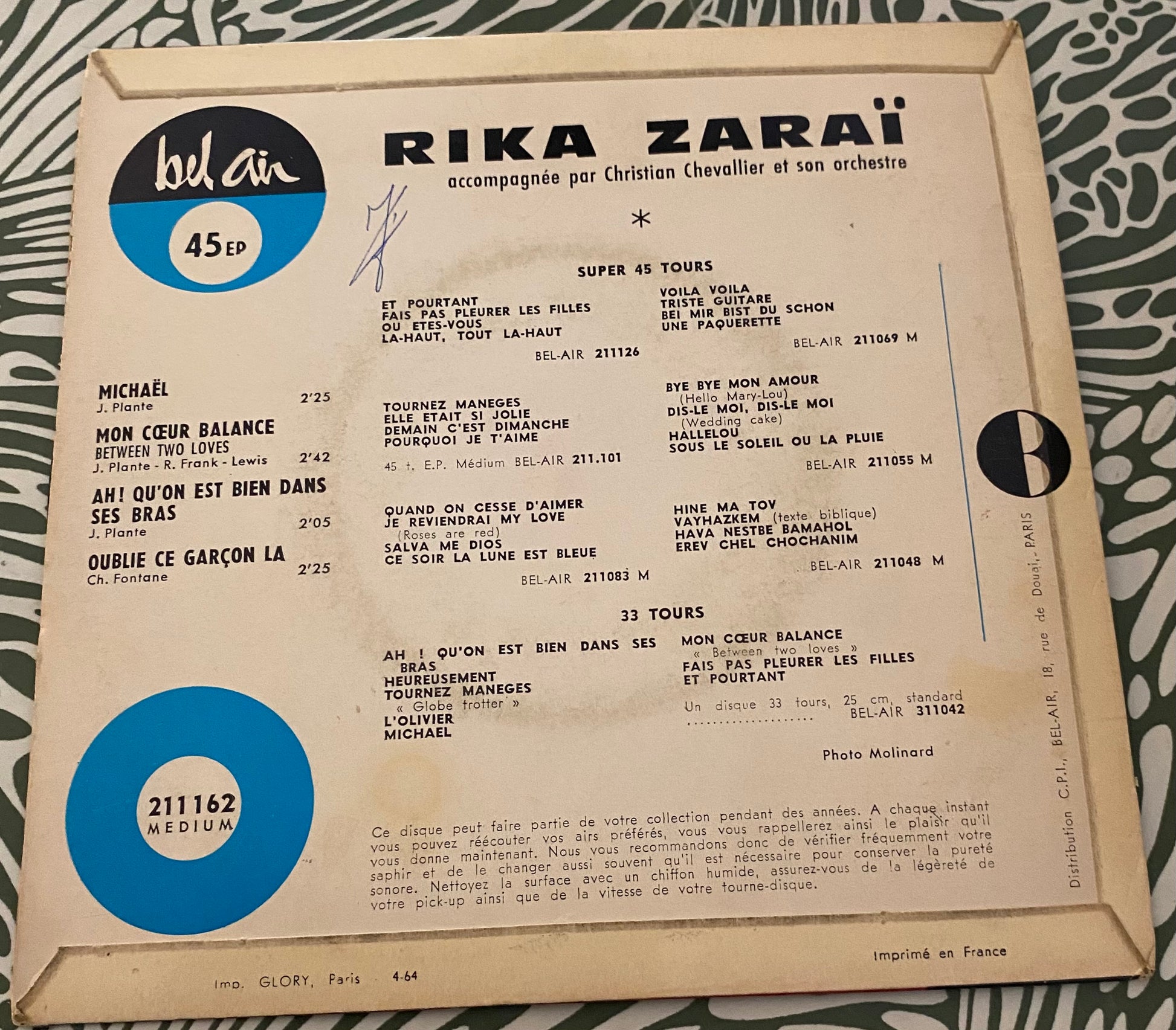 Disque vinyle 45 tours Rika Zaraï. Mickael