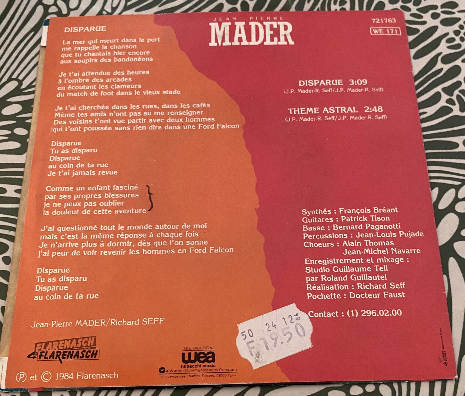 Disque vinyle 45 Tours Mader. Disparue
