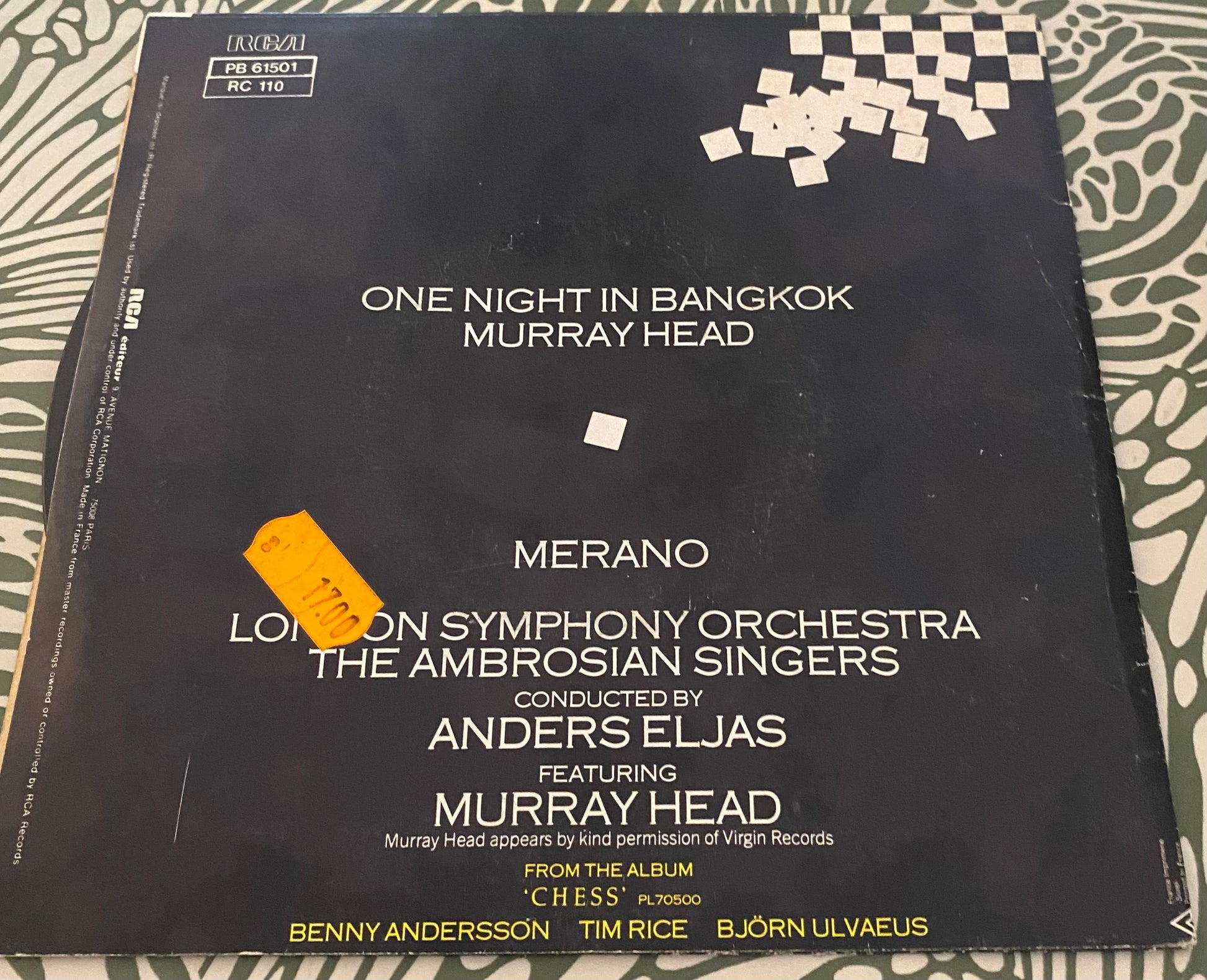 Disque vinyle 45 Tours Murray Head. One night in Bangkok