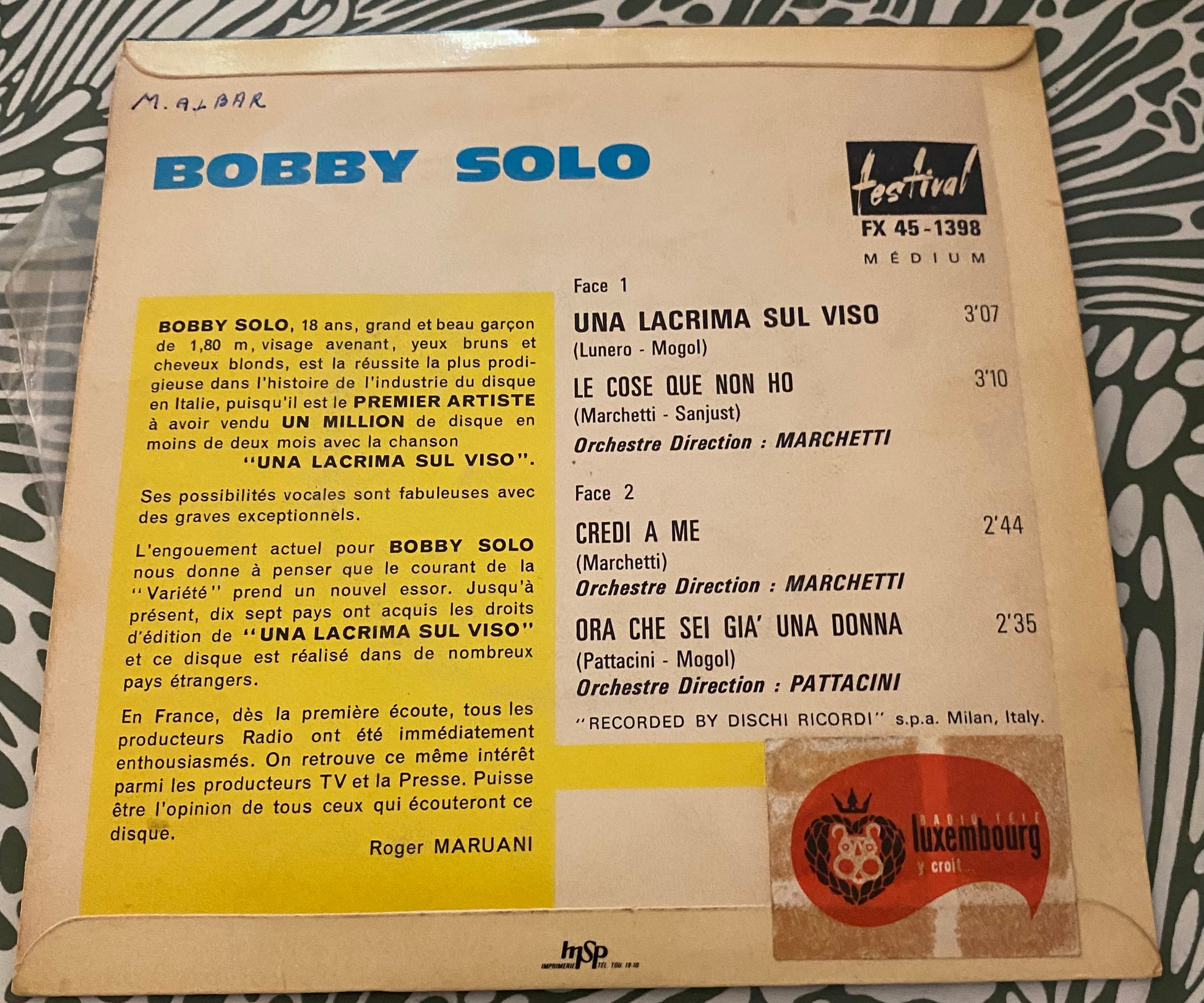 Disque vinyle 45 tours Bobby Solo. Una Lacrima sol viso