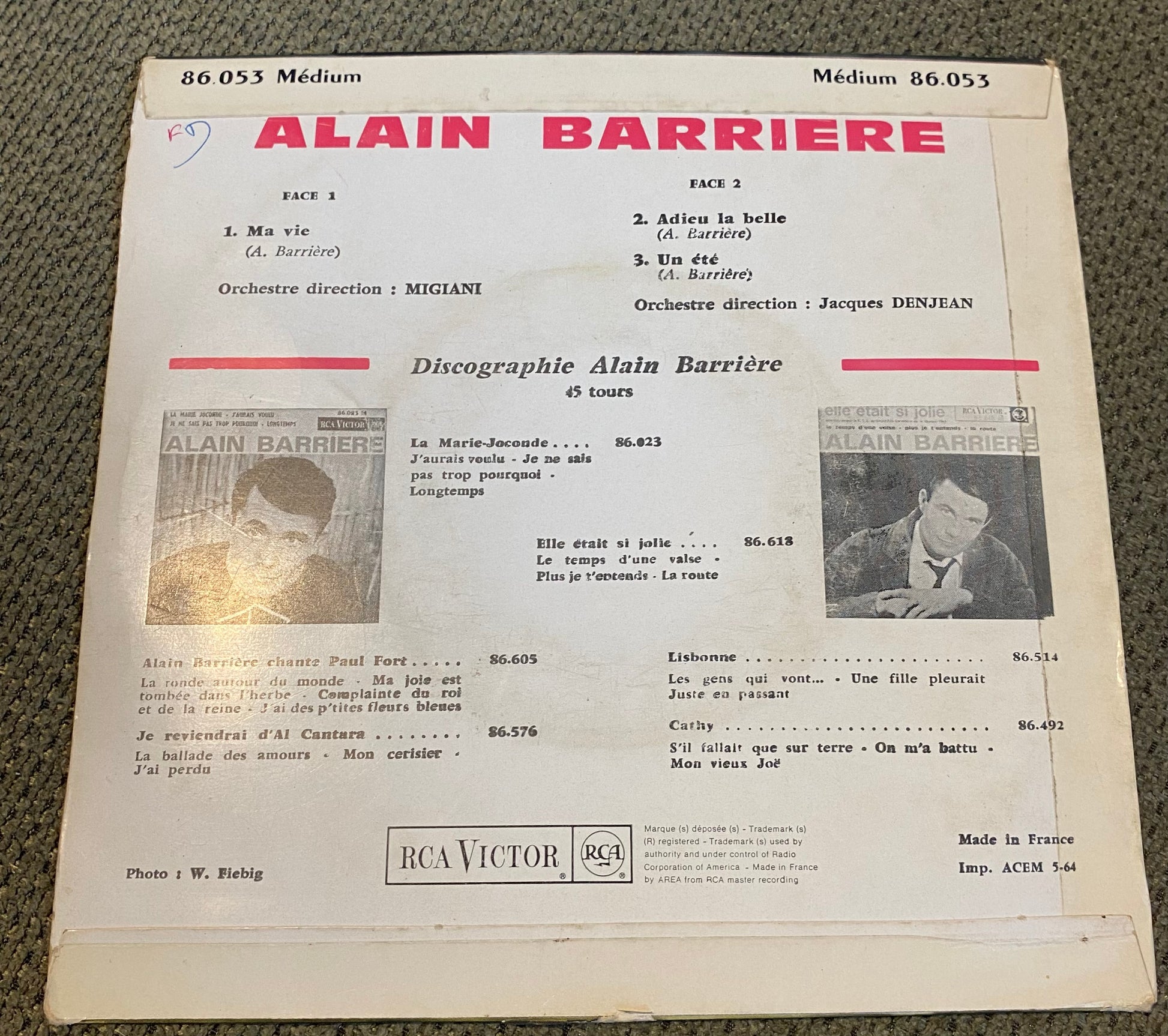 Disque vinyle 45 tours Alain Barriere. Ma vie