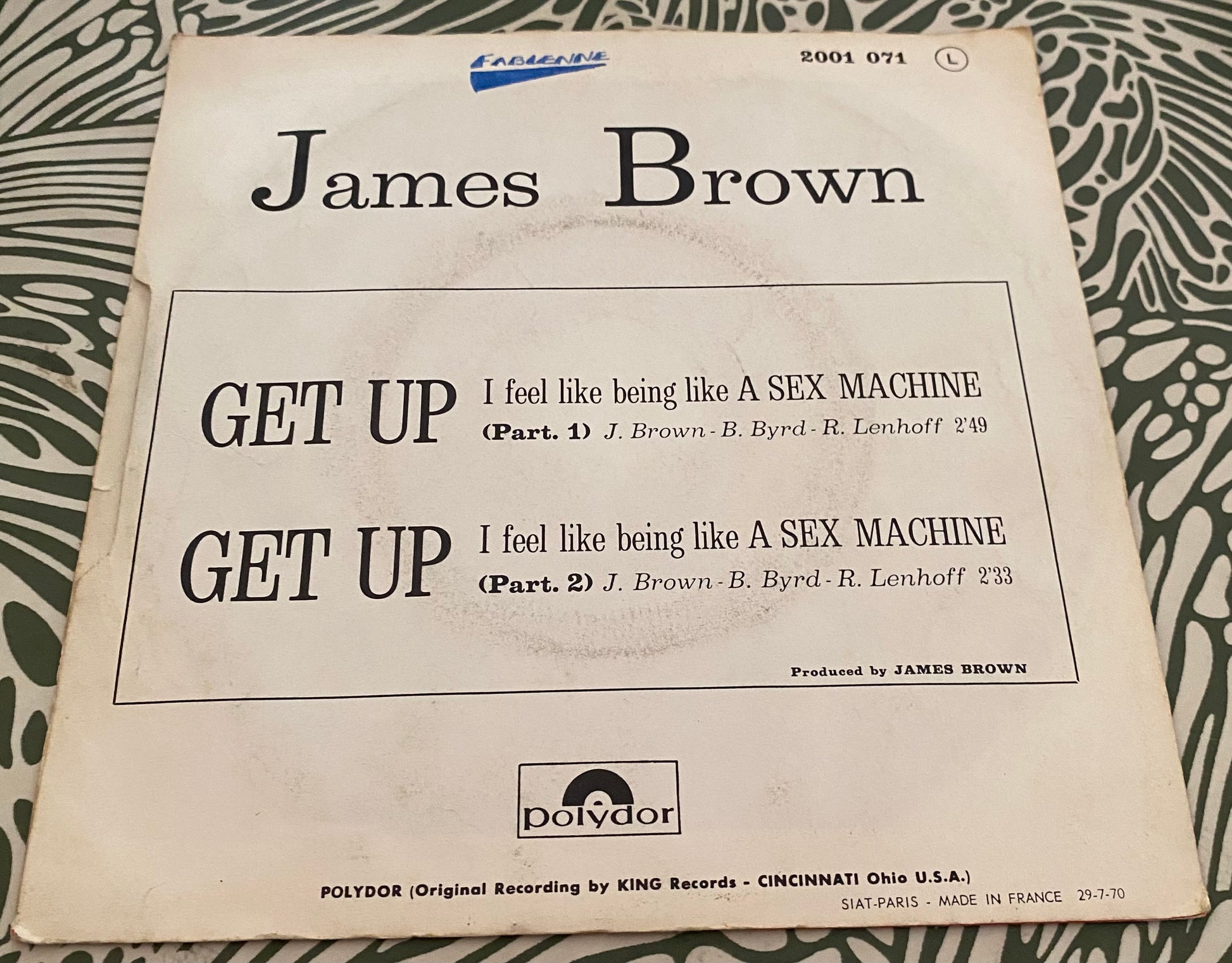 Disque vinyle 45 Tours James Brown. A Sex machine