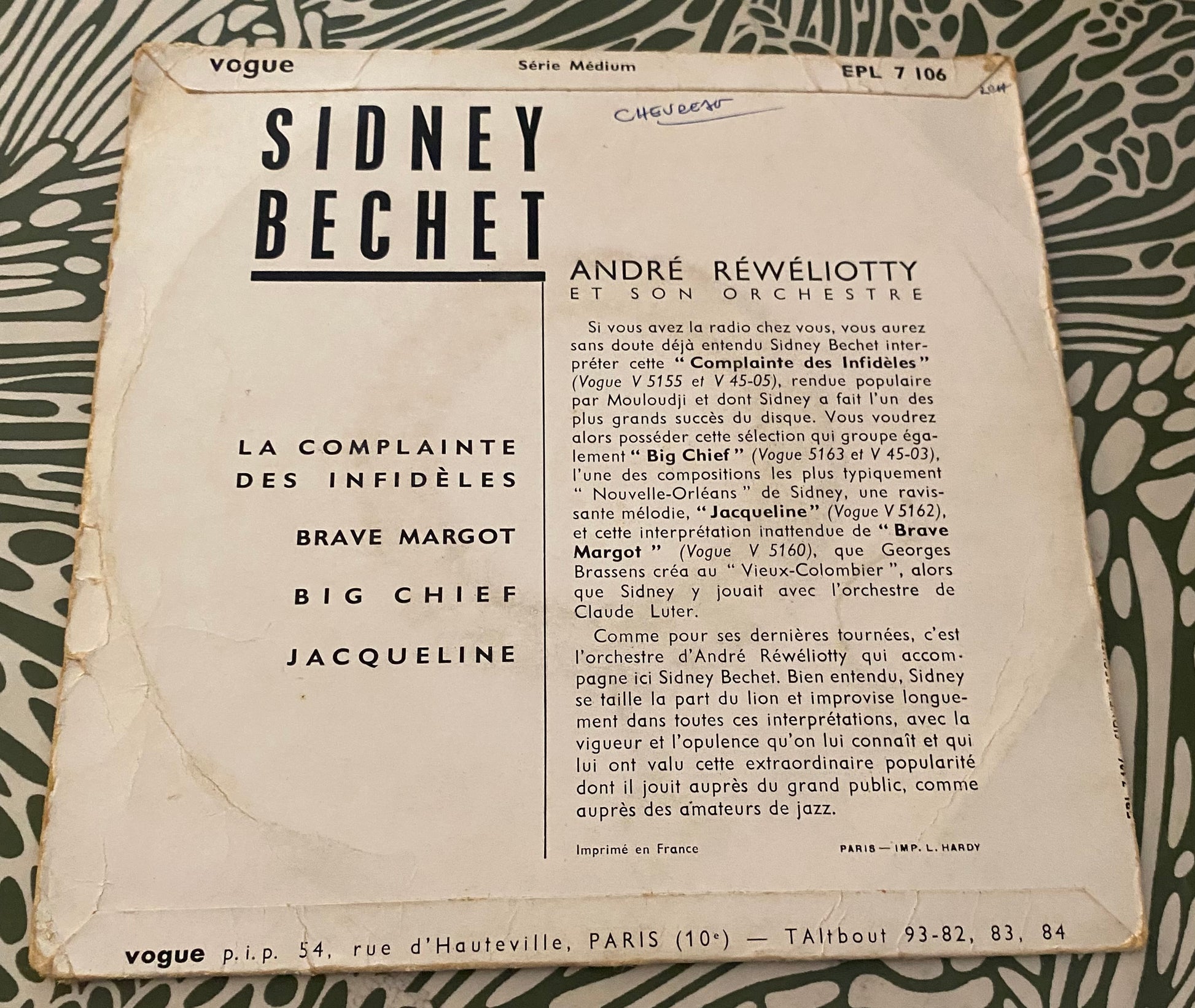 Disque vinyle 45 tours Sidnet Bechet. La complainte des infidèles