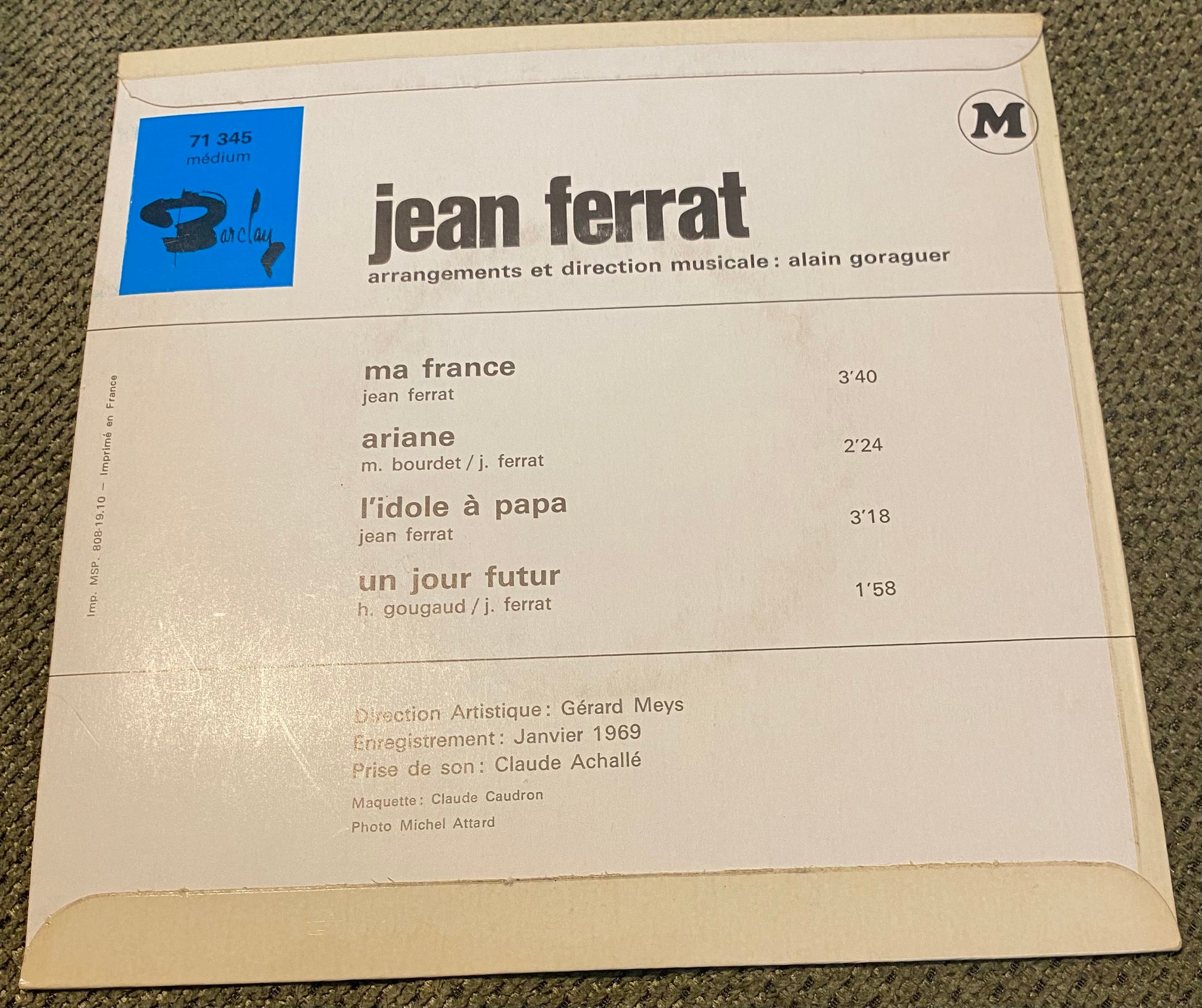 Disque vinyle 45 tours Jean Ferrat. Ma France