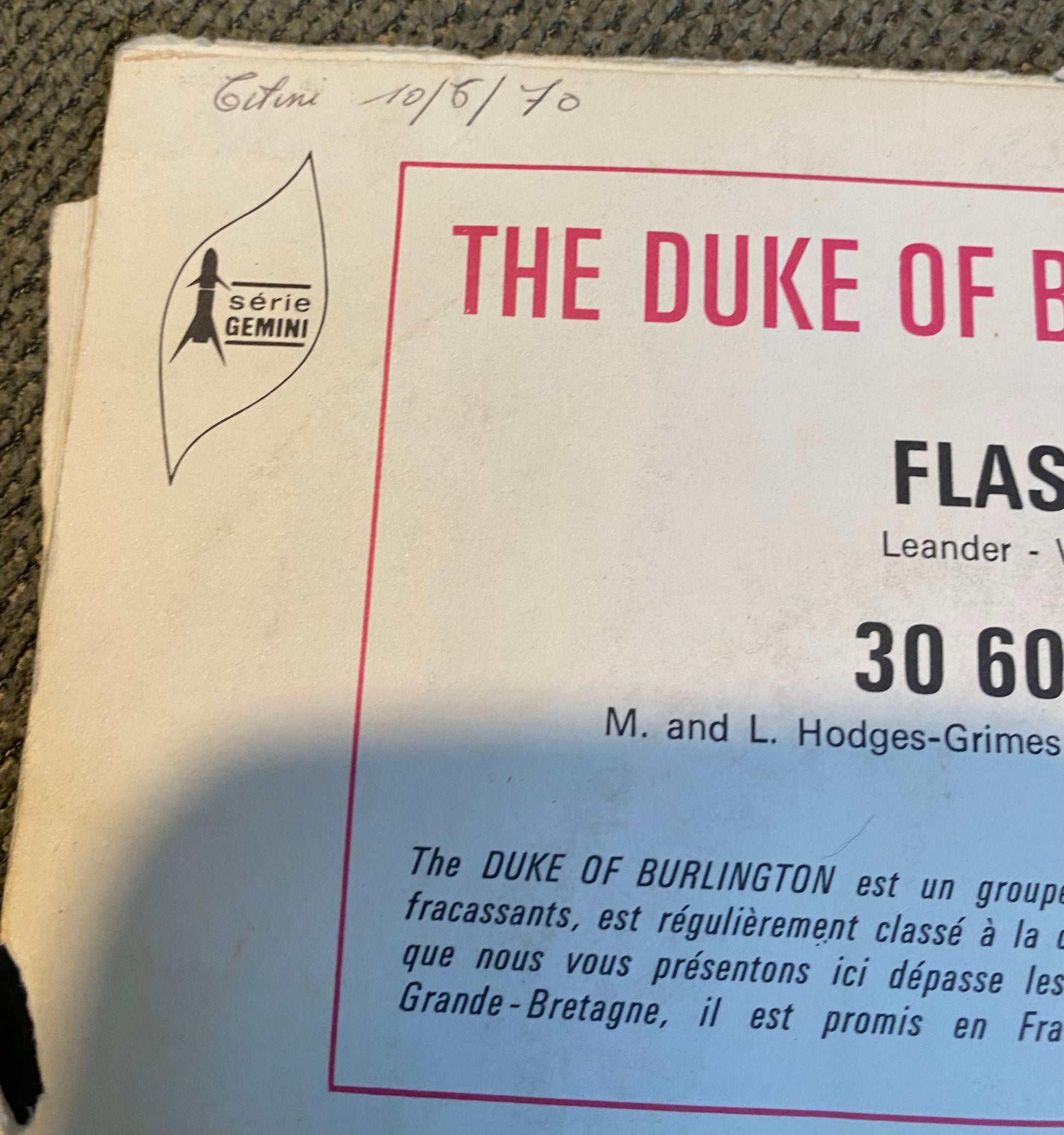 Disque vinyle 45 Tours Flash. The Duke Of Burlington