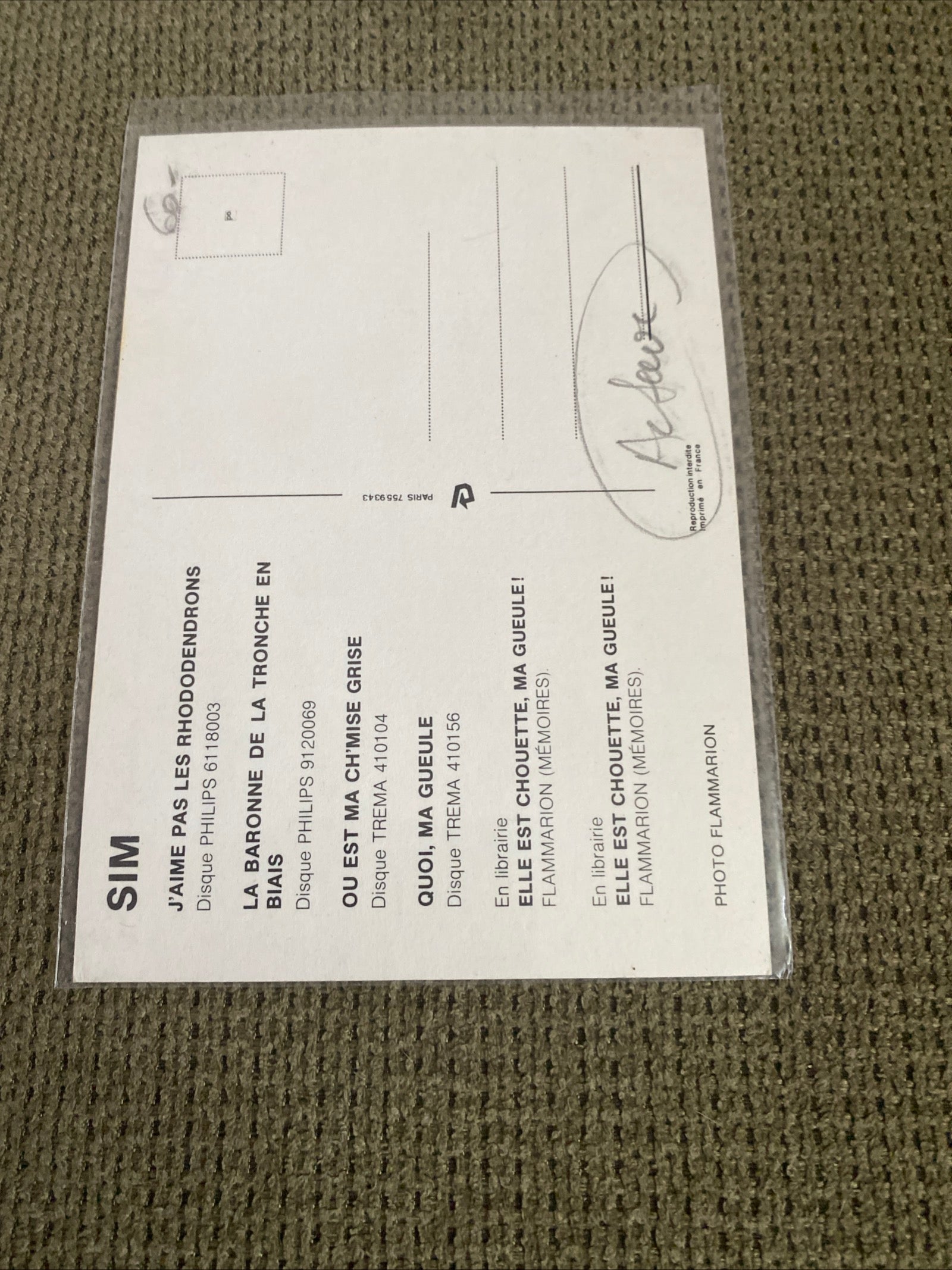 Carte postale dédicacée SIM