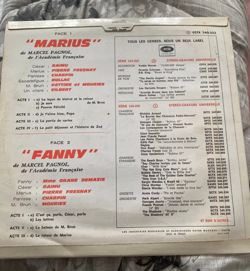 Disque vinyle 33 tours Marius. Fanny. Marcel Pagnol.