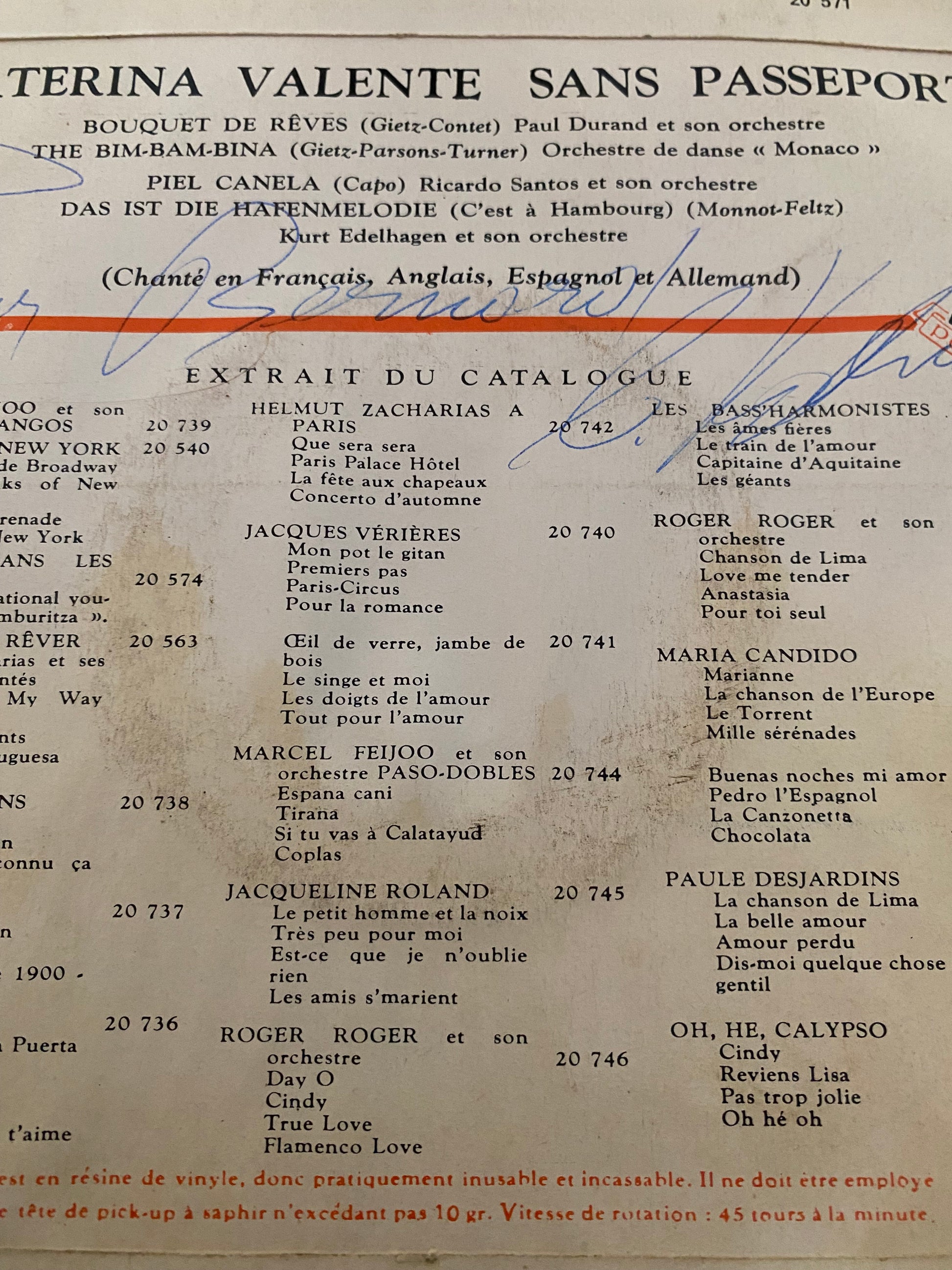 Disque vinyle 45 tours Caterina Valente. Sans passeport