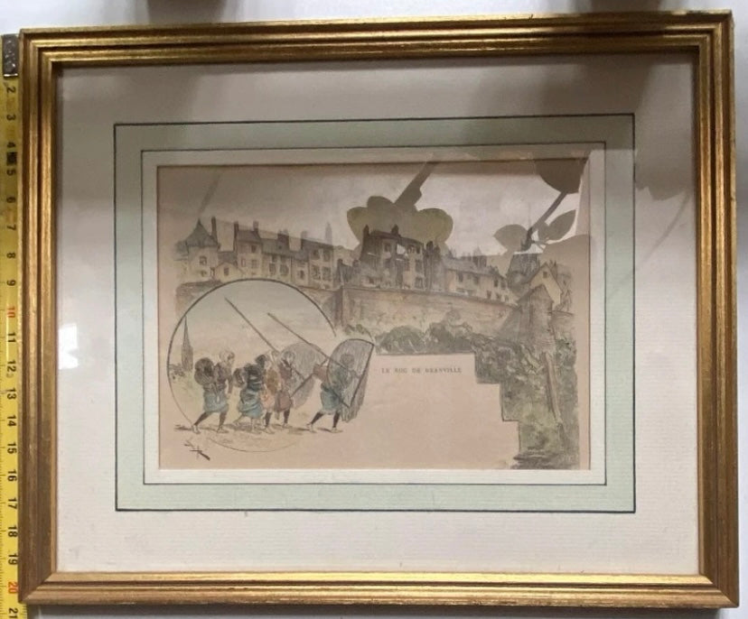 Gravure ancienne véritable colorée à la main Le roc de Grandville