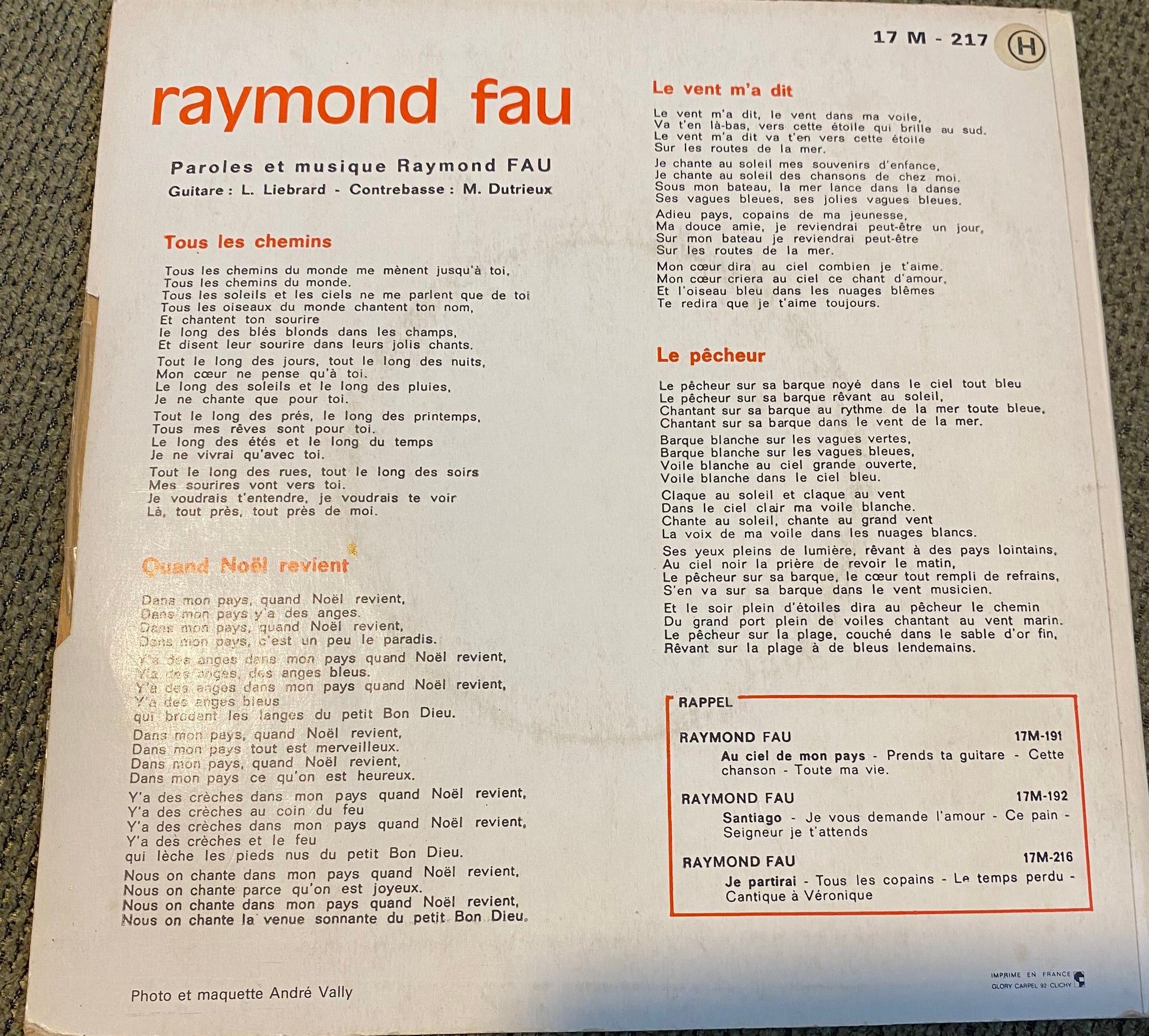 Disque vinyle, 45 tours Raymond Fau. Tous les chemins