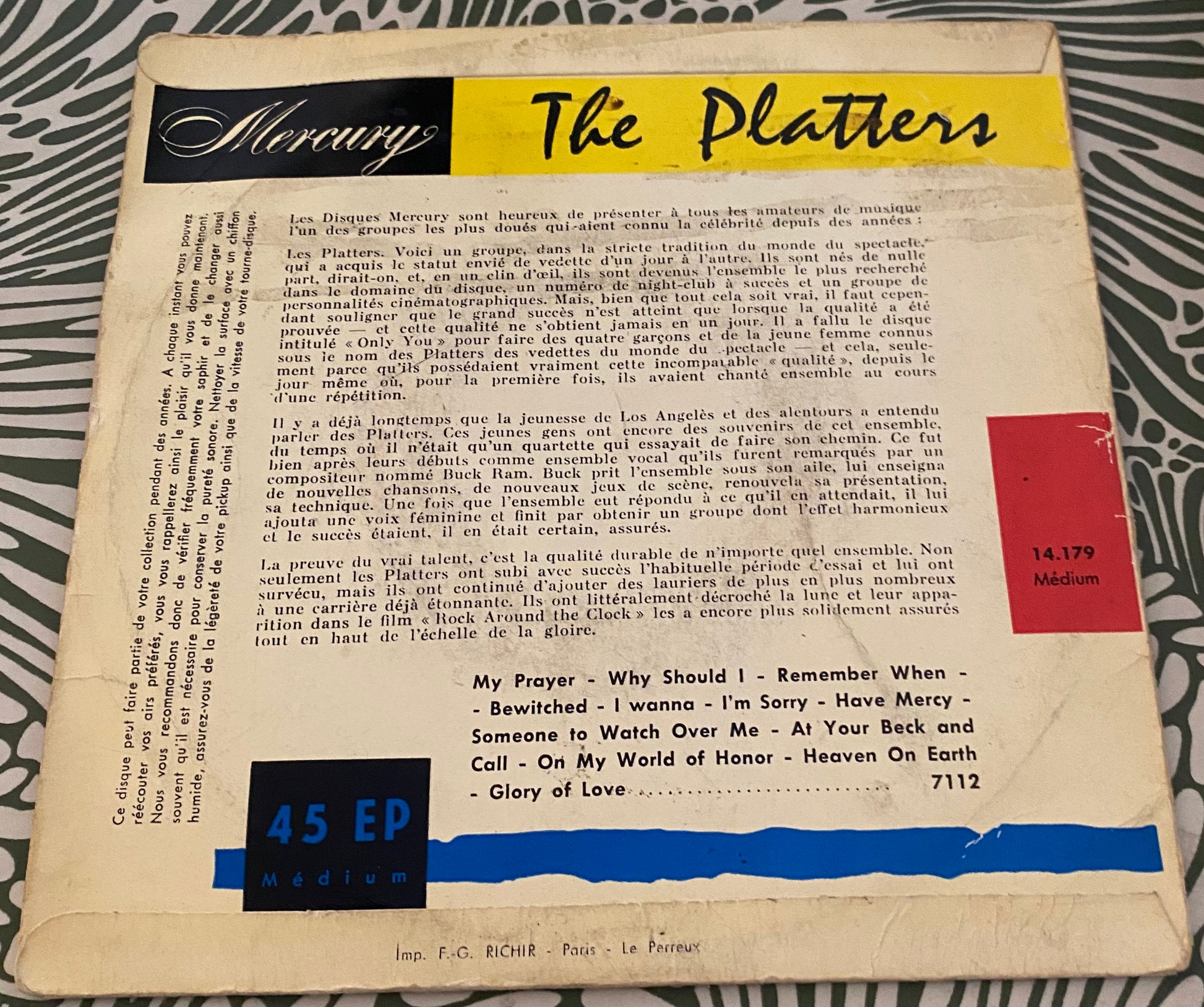 Disque vinyle 45 Tours The Platters. My Prayer musique du film Rock around the clock