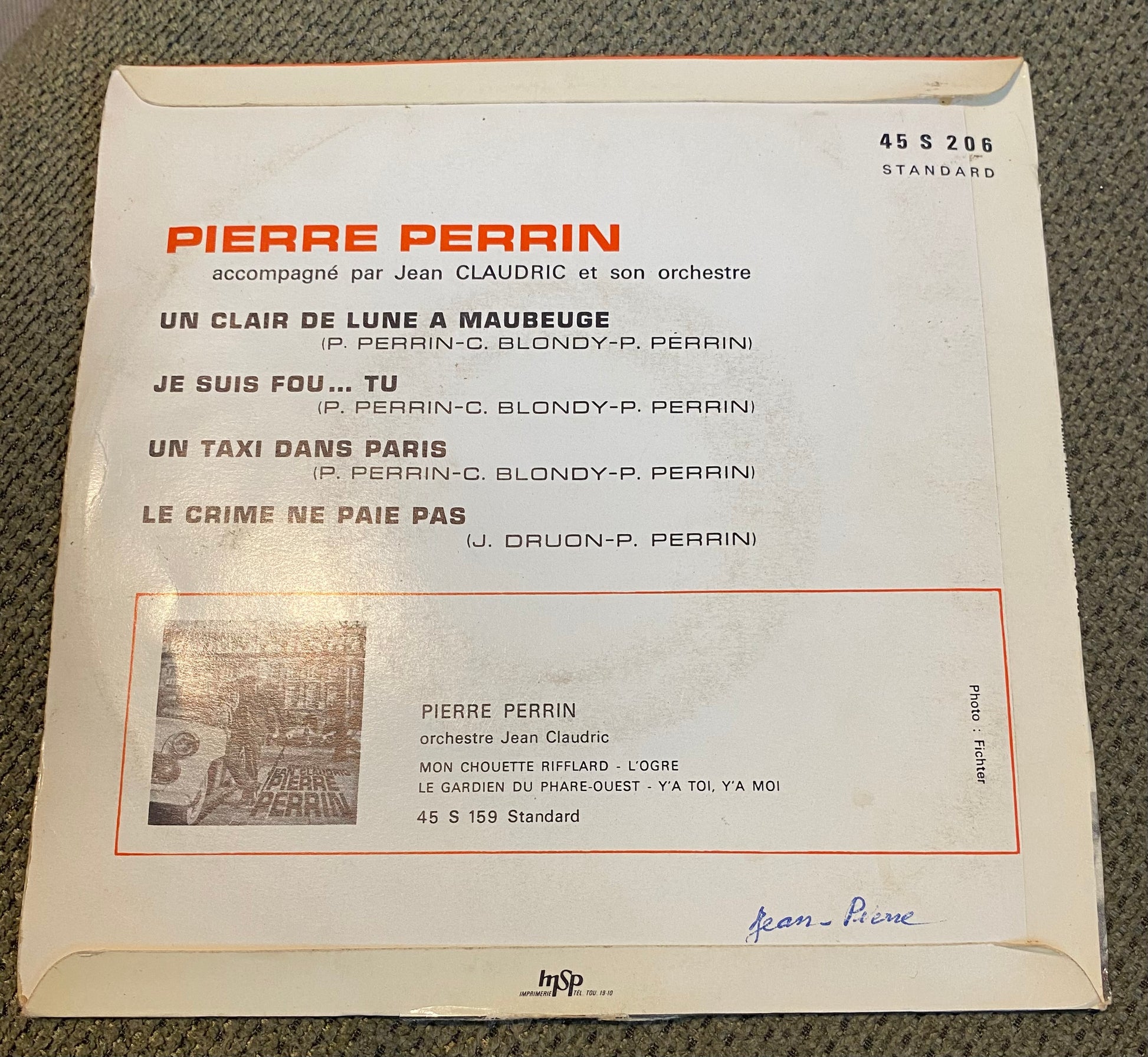 Disque vinyle 45 tours Pierre Perrin. Un clair de lune à Maubeuge.
