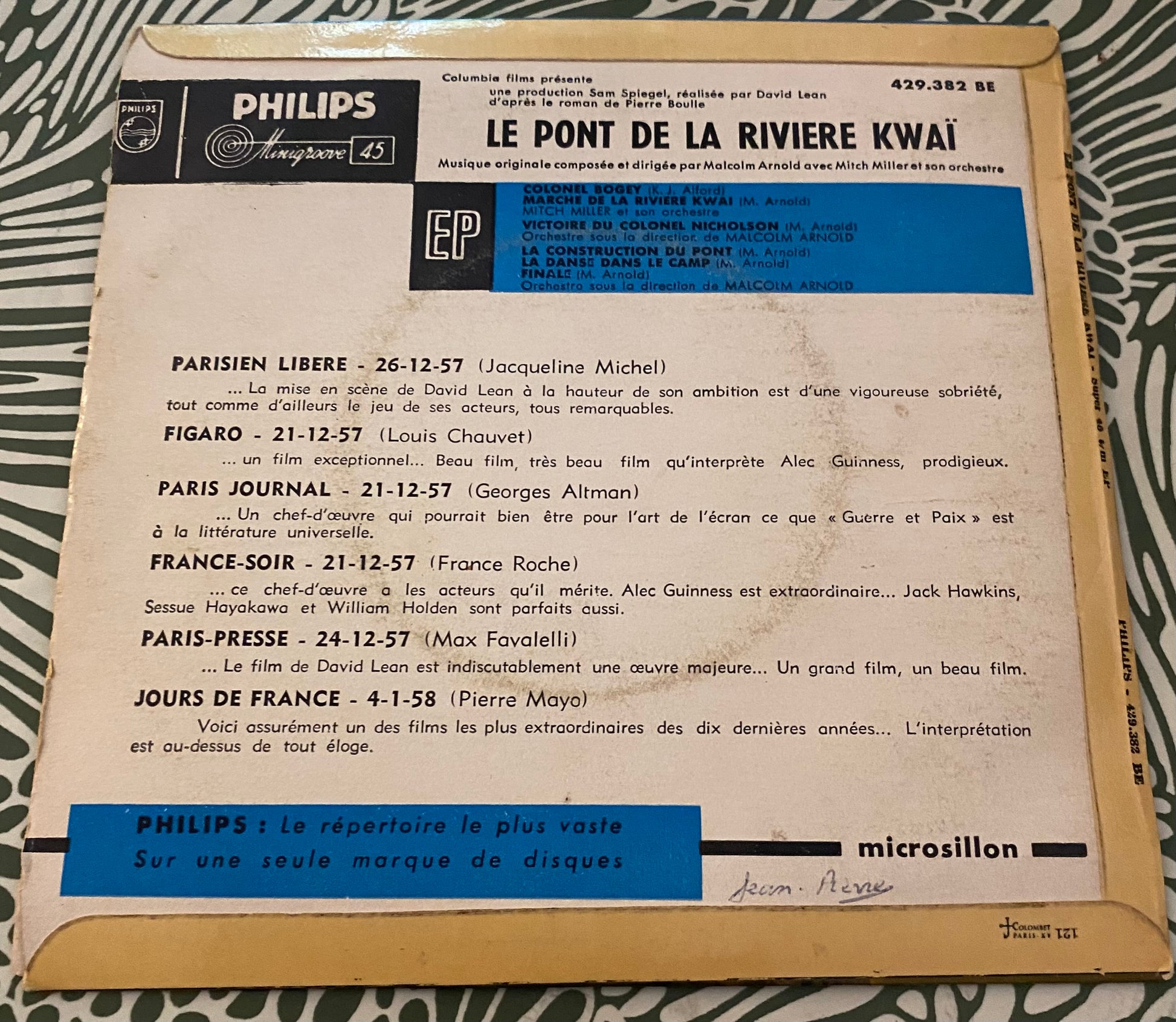 Disque vinyle 45 Tours Bande originale du film Le pont de la rivière Kwaï