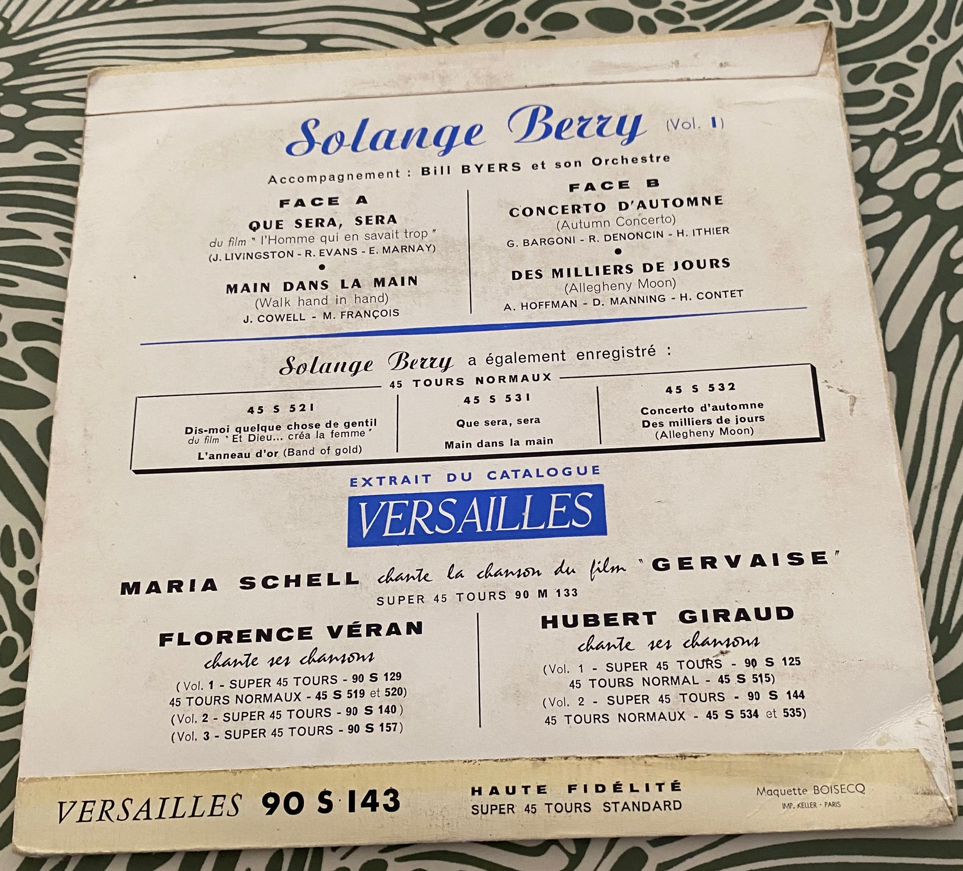 Disque vinyle 45 tours Solange Berry. Que sera, sera