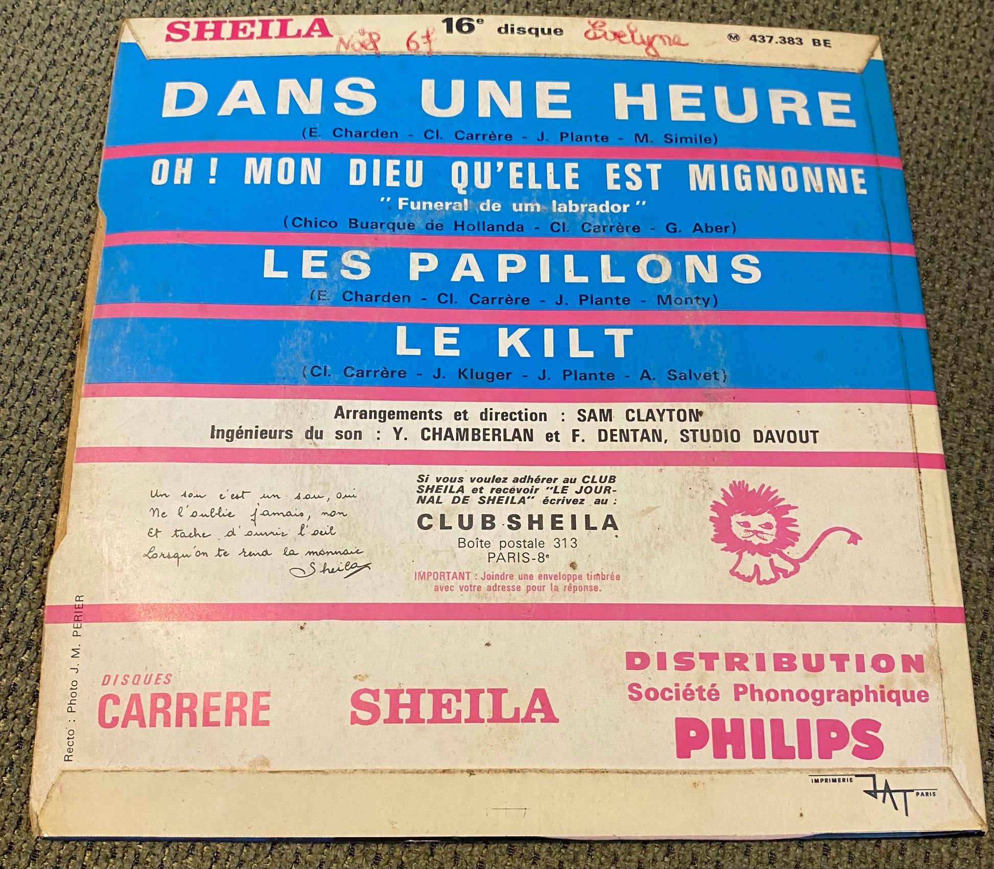 Disque vinyle 45 tours Sheila. Le Kilt. ( un sou c’est un sou