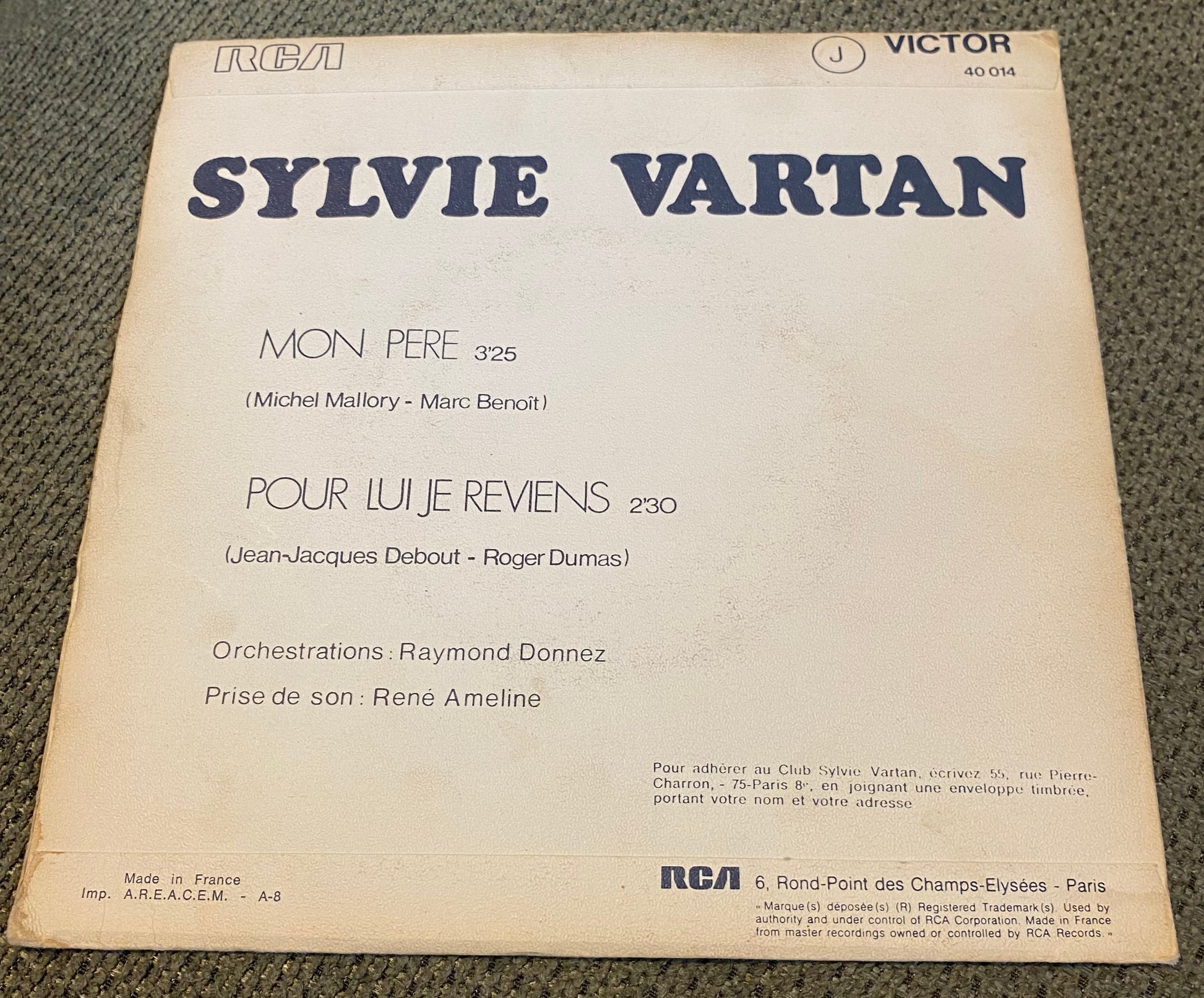 Disque vinyle 45 tours Sylvie Vartan. Mon père