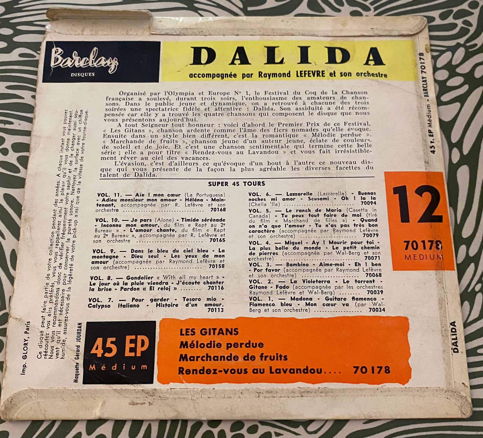 Disque vinyle 45 Tours Dalida. Les gitans
