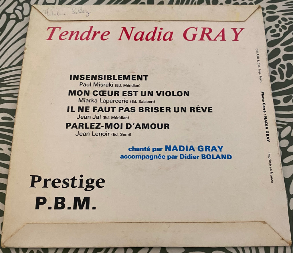 Disque vinyle 45 Tours Tendre Nadia Gray. Insensiblement