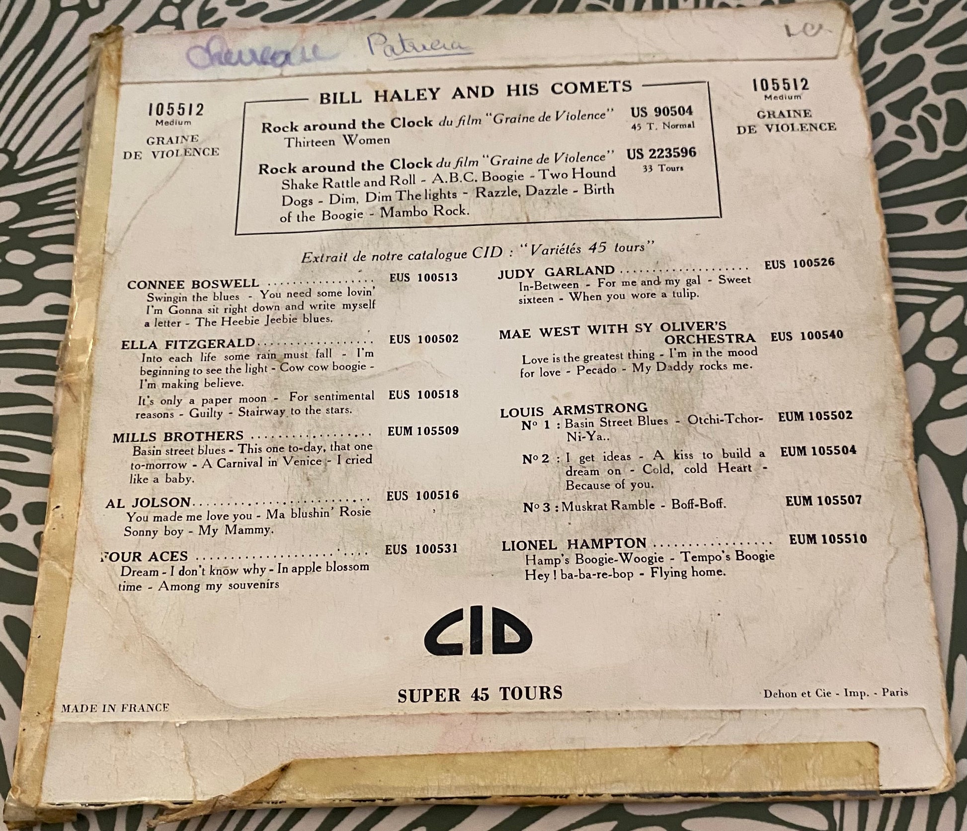 Disque vinyle 45 tours Bill Haley. Rock around the clock du film Graine de violence