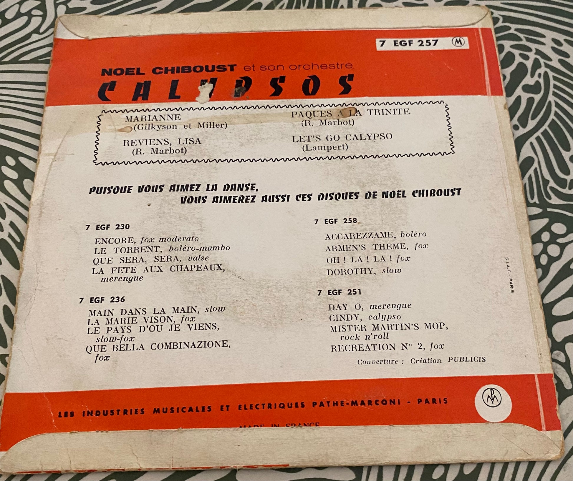 Disque vinyle 45 Tours Noel Chiboust et son orchestre. Calypsos