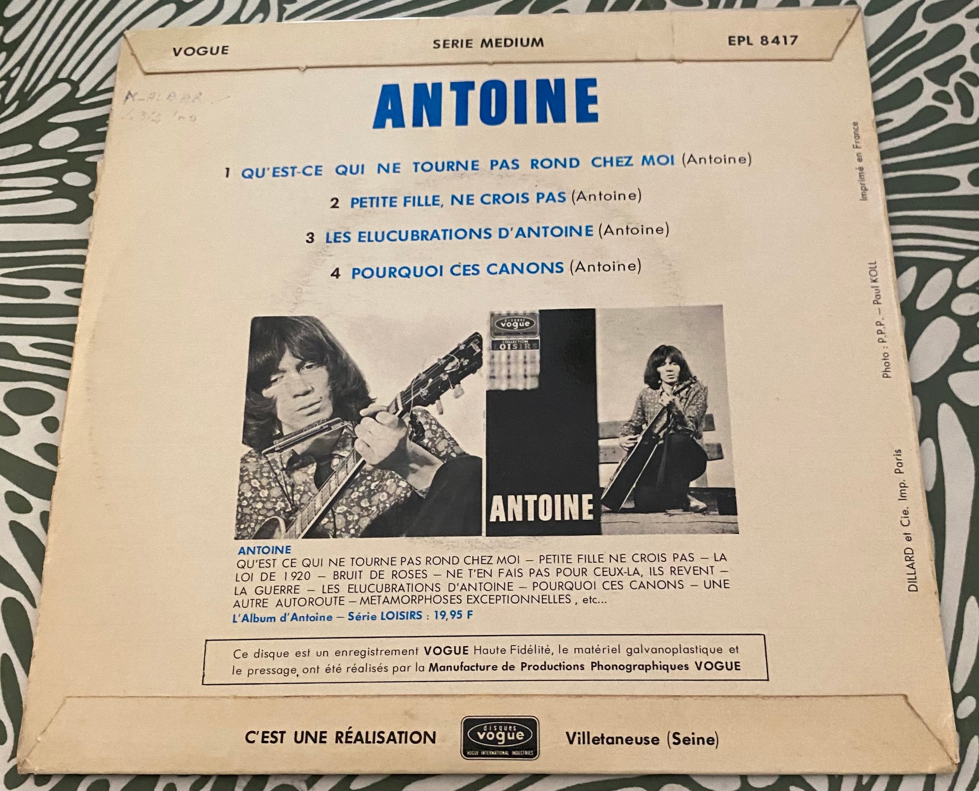 Disque vinyle 45 tours. Antoine. Les élucubrations d’Antoine