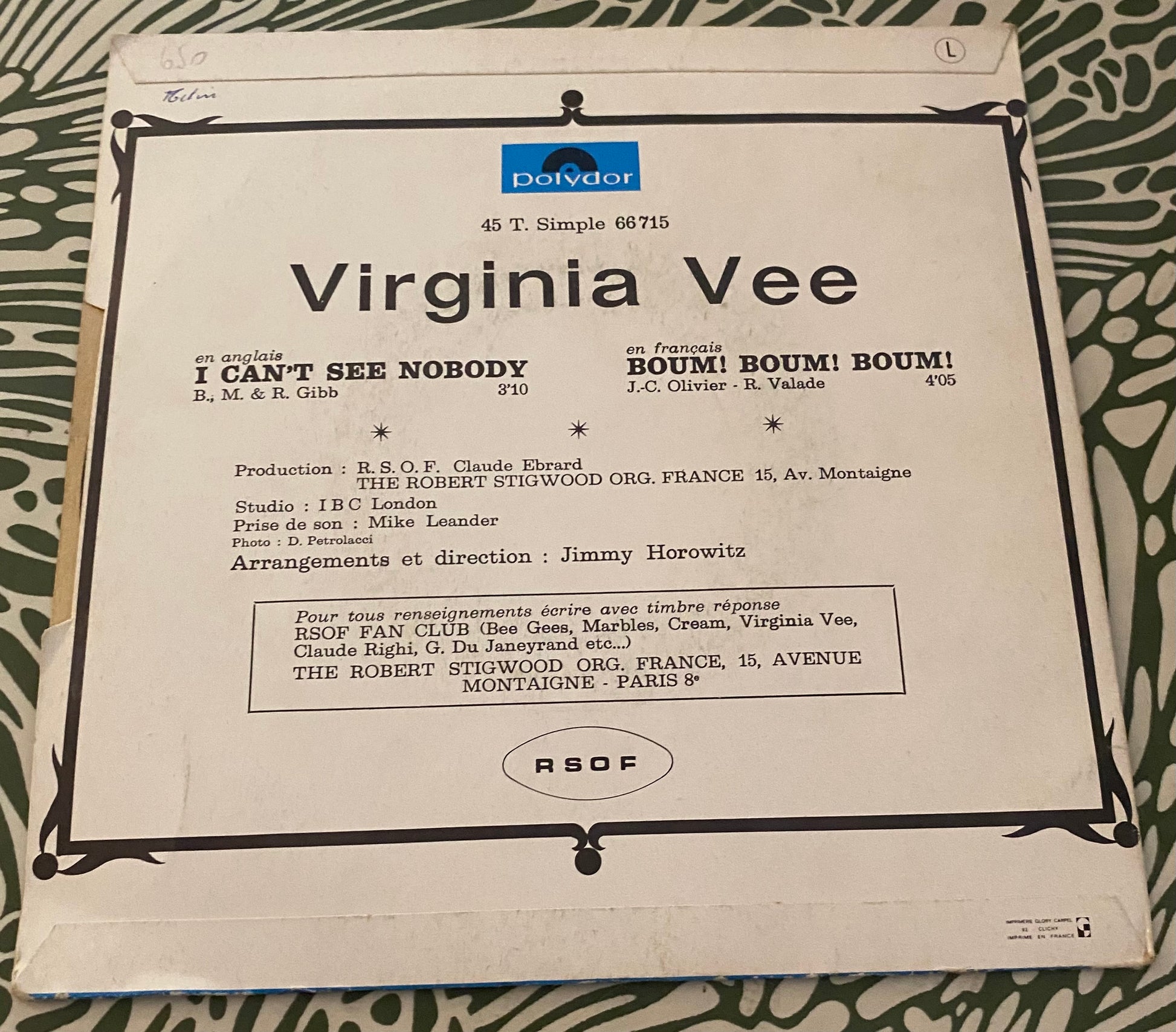 Disque vinyle 45 Tours Virginia Vee. I can’t see nobody.