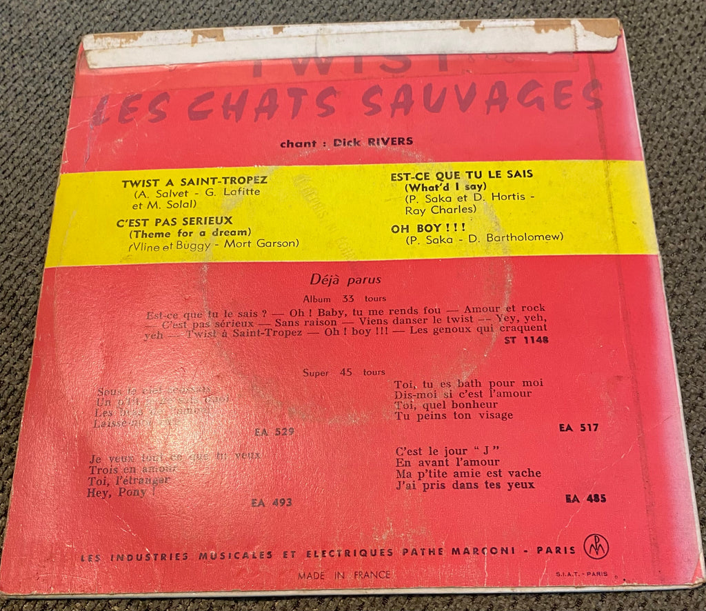 Disque vinyle 45 tours Les chats sauvages. Twist à Saint Tropez