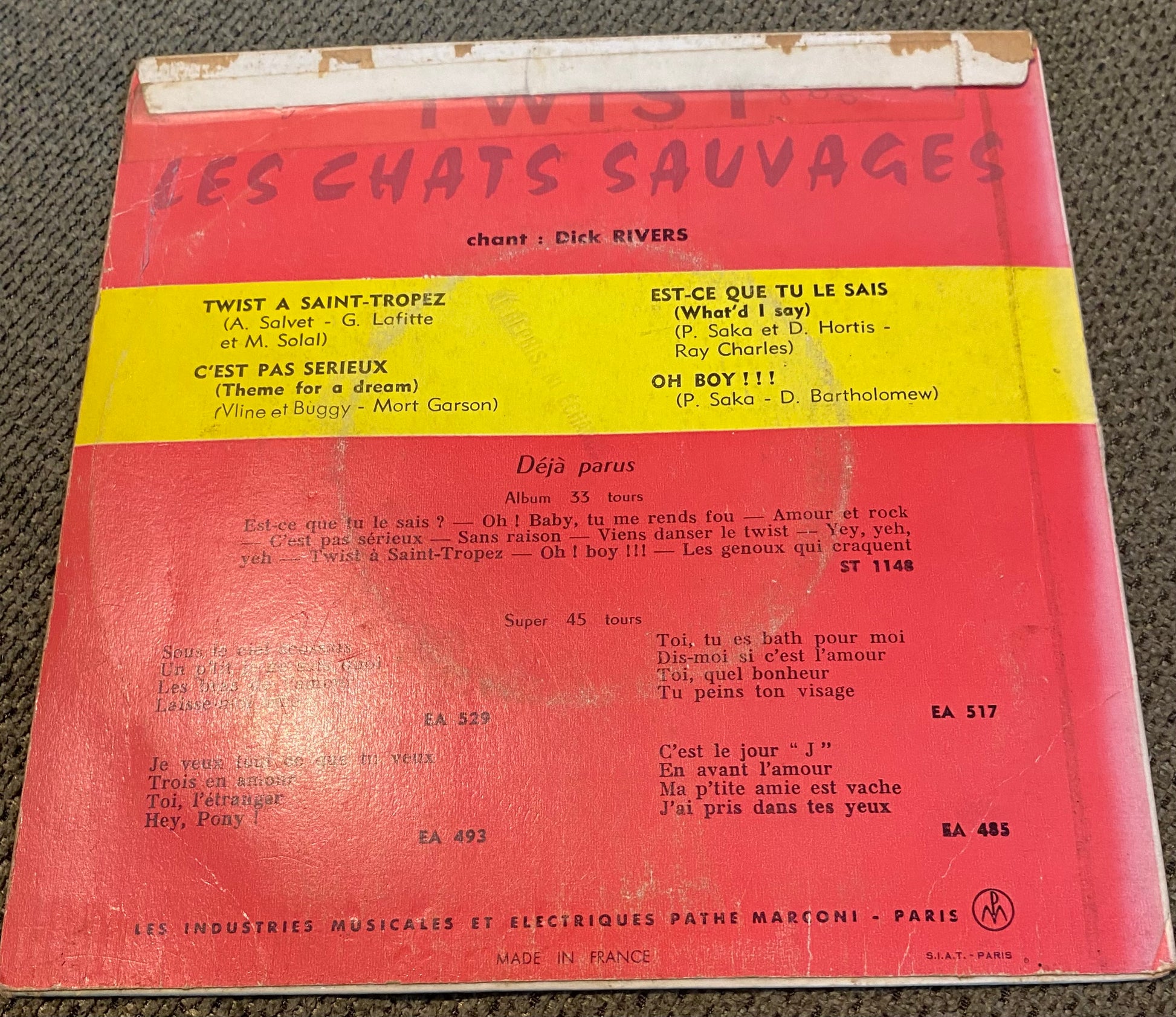 Disque vinyle 45 tours Les chats sauvages. Twist à Saint Tropez