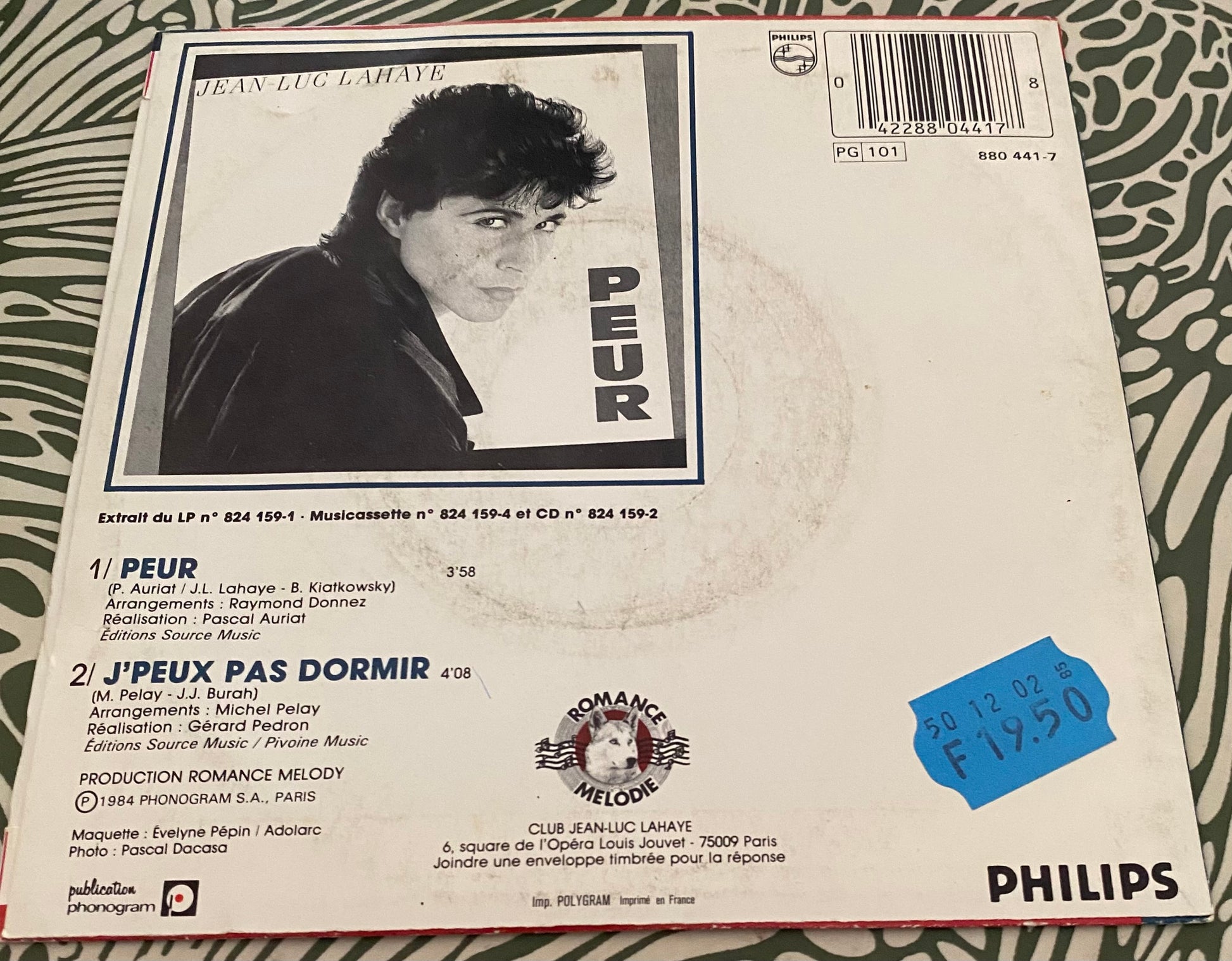 Disque vinyle 45 Tours Jean-Luc Lahaye. Peur