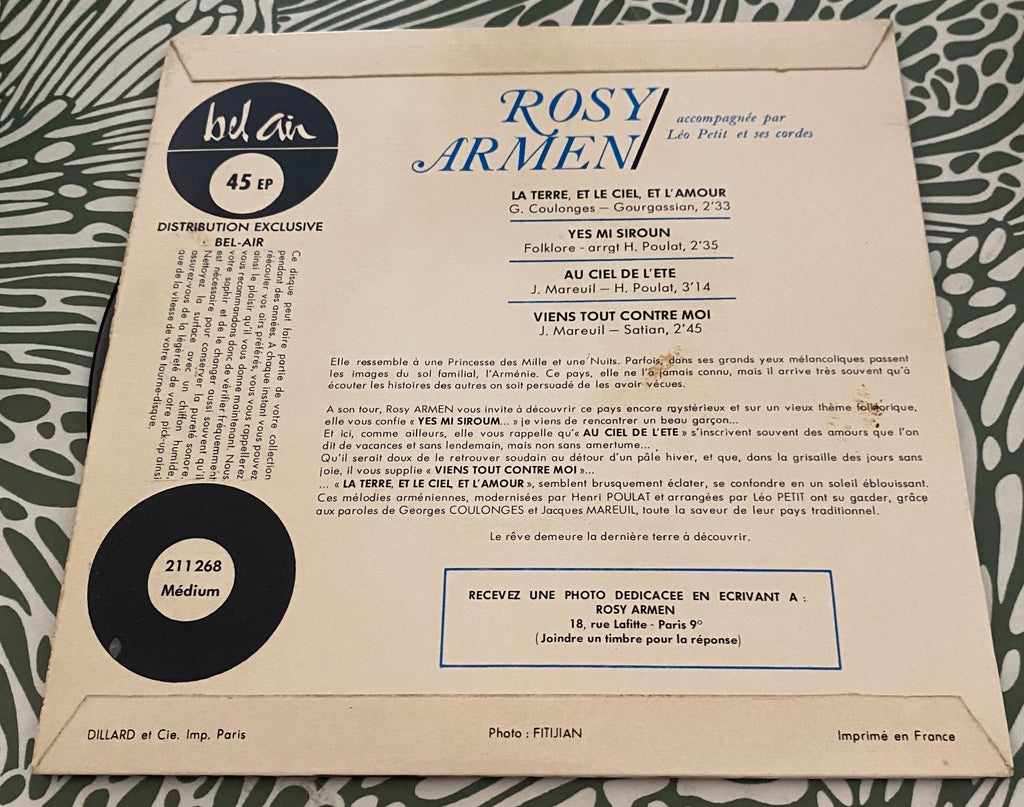 Disque vinyle 45 Tours Rosy Armen. Yes mi siroun