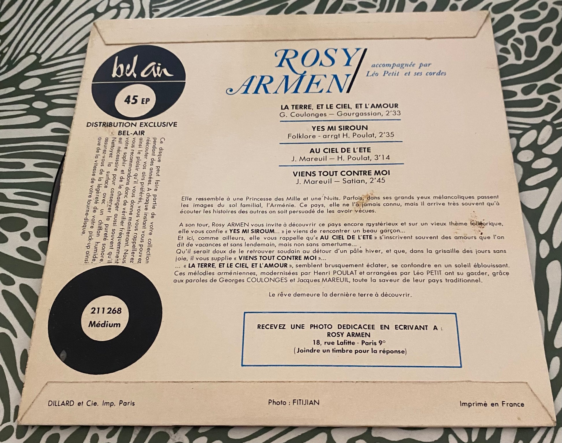 Disque vinyle 45 Tours Rosy Armen. Yes mi siroun
