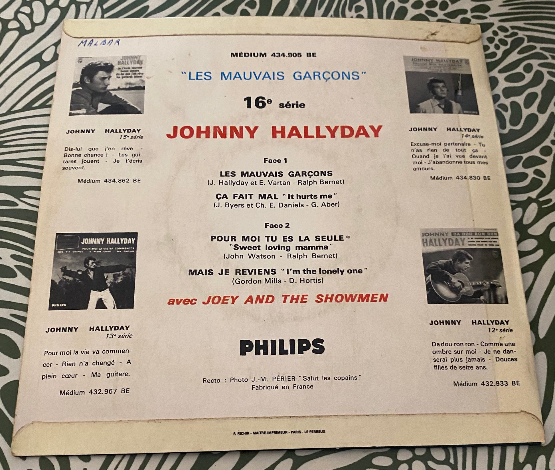 Disque vinyle 45 tours Johnny Hallyday. Les mauvais garçons.