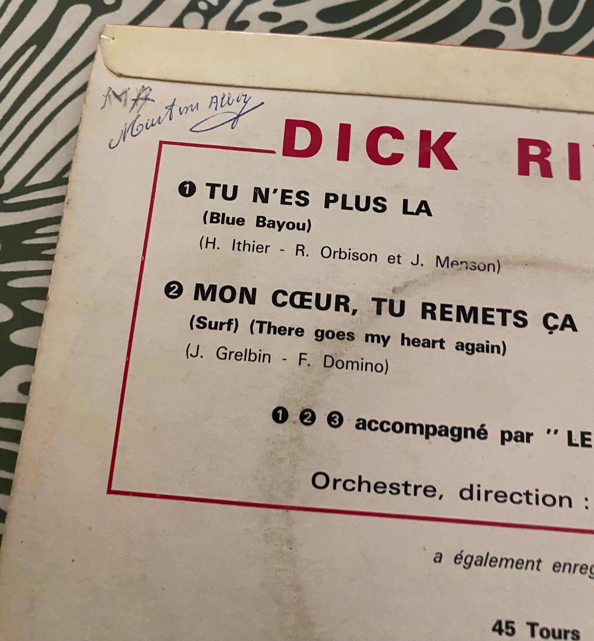 Disque vinyle 45 Tours Dick Rivers. Tu n’es plus là
