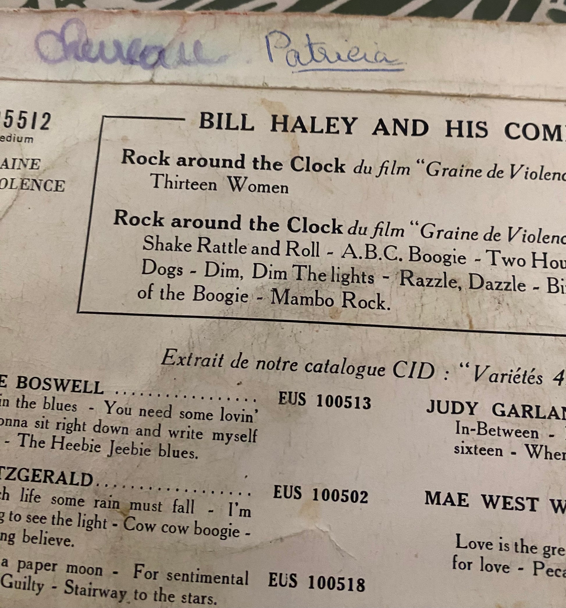 Disque vinyle 45 tours Bill Haley. Rock around the clock du film Graine de violence
