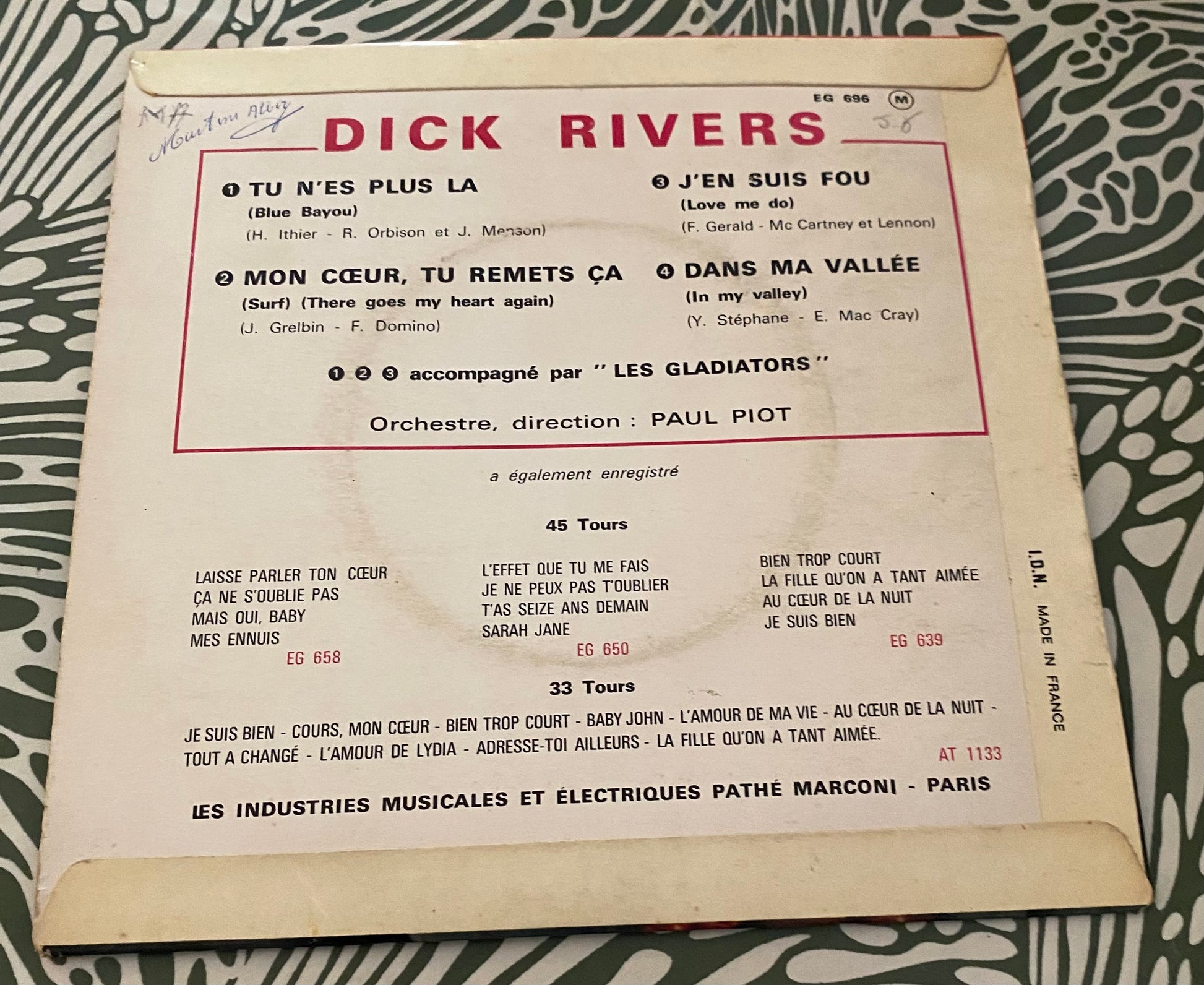 Disque vinyle 45 Tours Dick Rivers. Tu n’es plus là