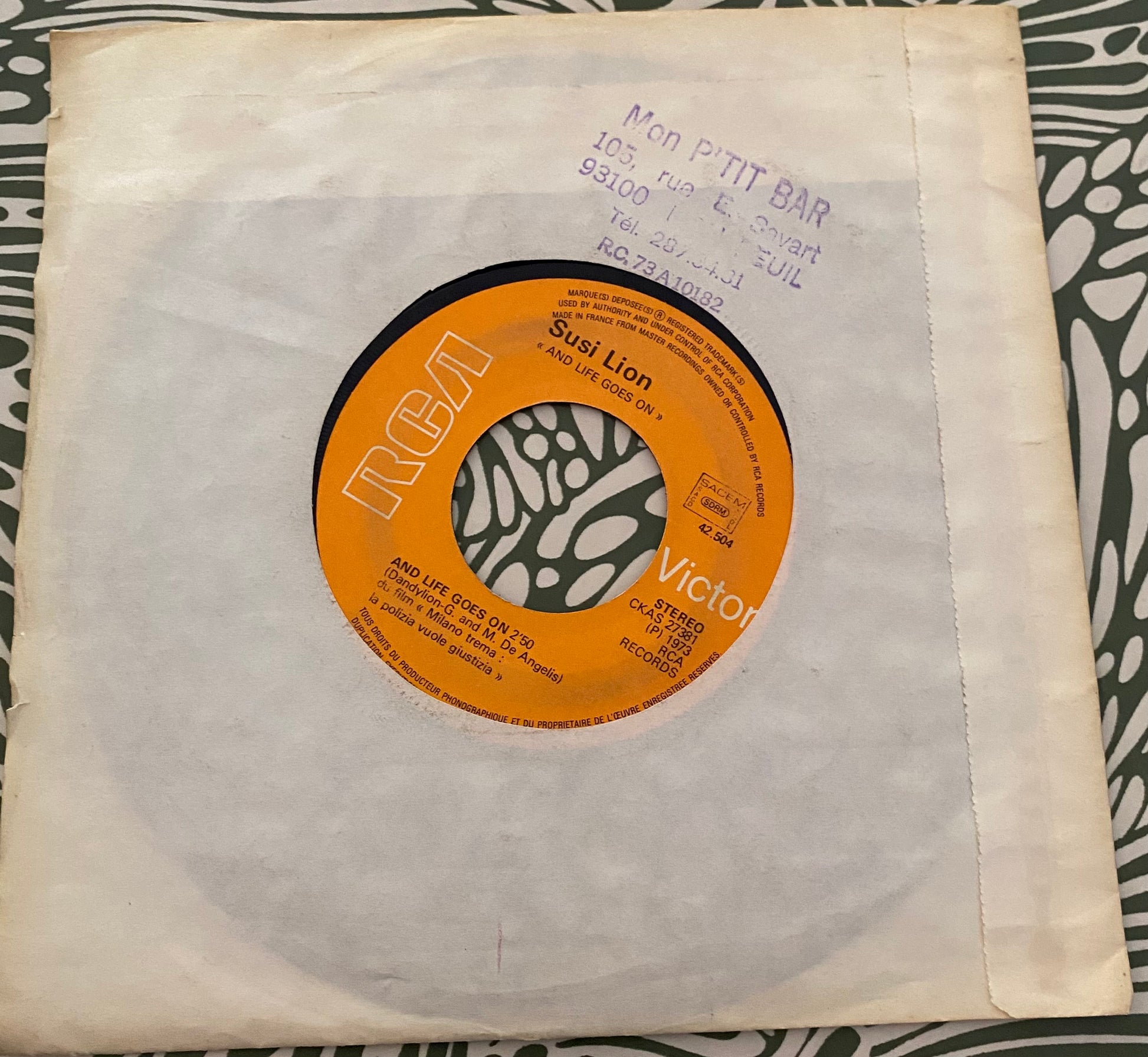 Disque vinyle 45 Tours Susi Lion And Guy. Blue Song 1973