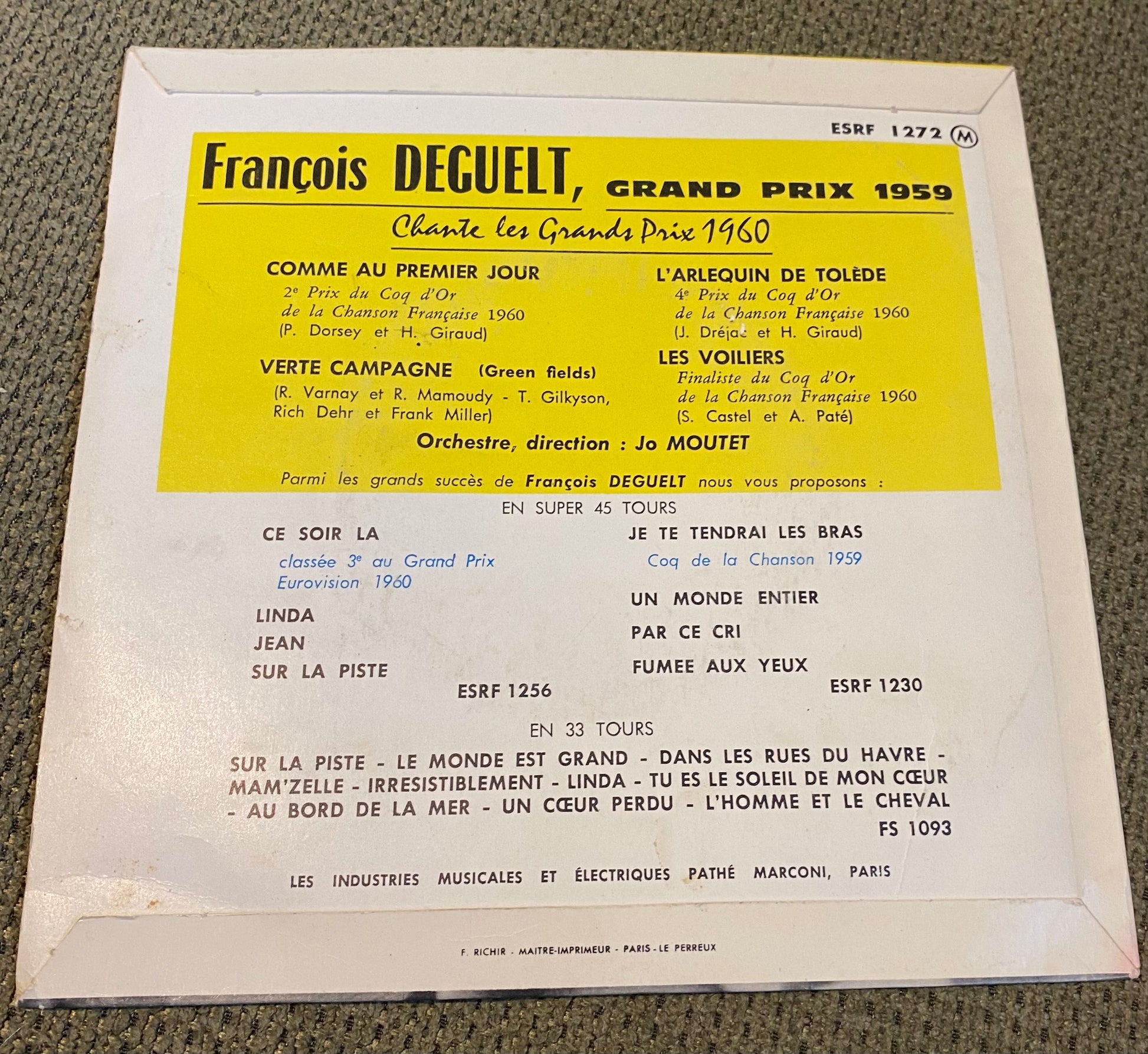 Disque vinyle 45 tours François Deguelt chante les grands prix 1960