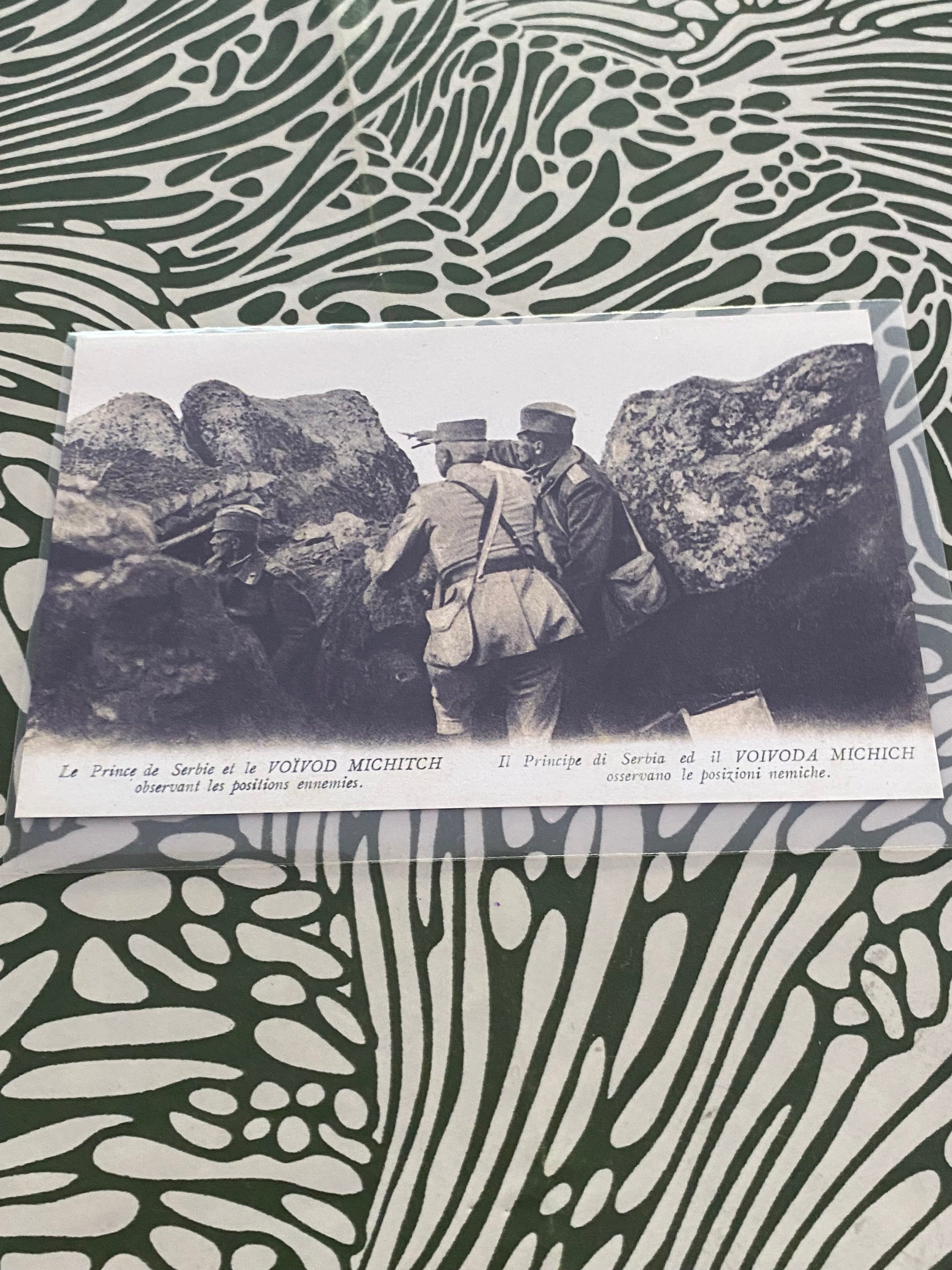 Carte postale ancienne. Le prince de Serbie et le Voivod Michitch observant les positions ennemies. Dans une pochette de protection