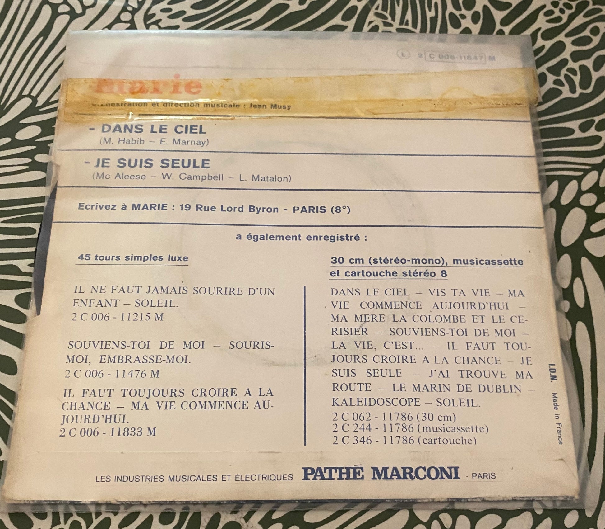 Disque vinyle 45 tours Marie. Dans le ciel