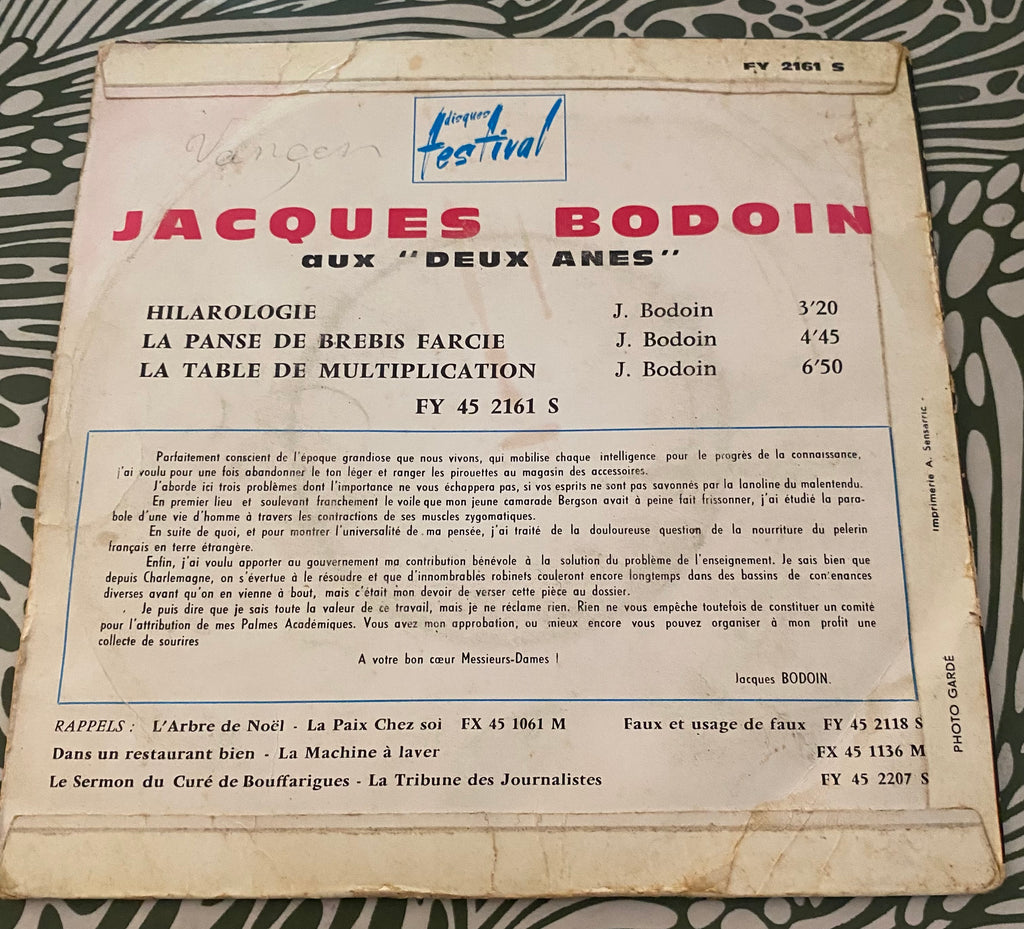 Disque vinyle 45 tours Jacques Bodoin. Au deux ânes