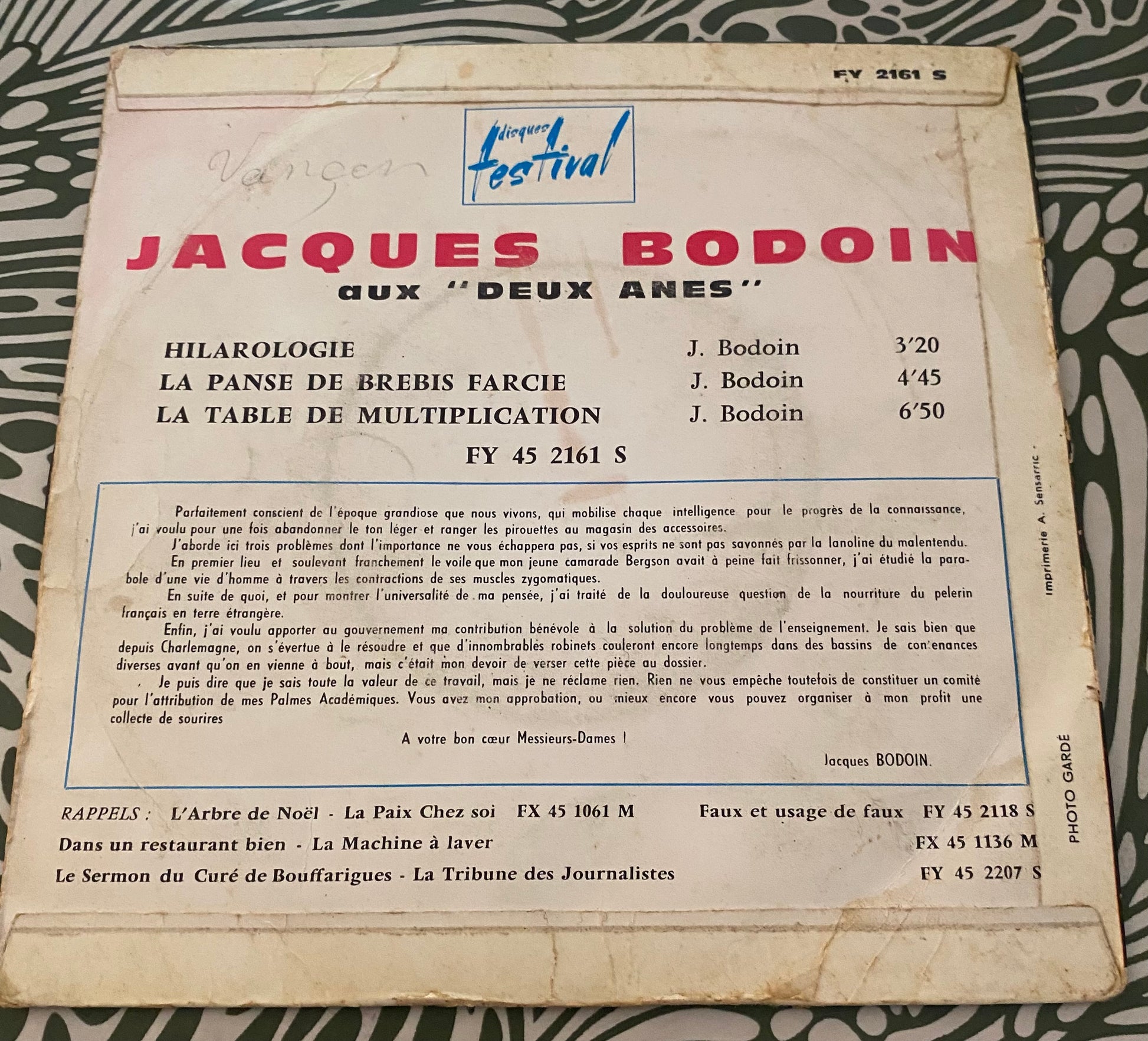 Disque vinyle 45 tours Jacques Bodoin. Au deux ânes