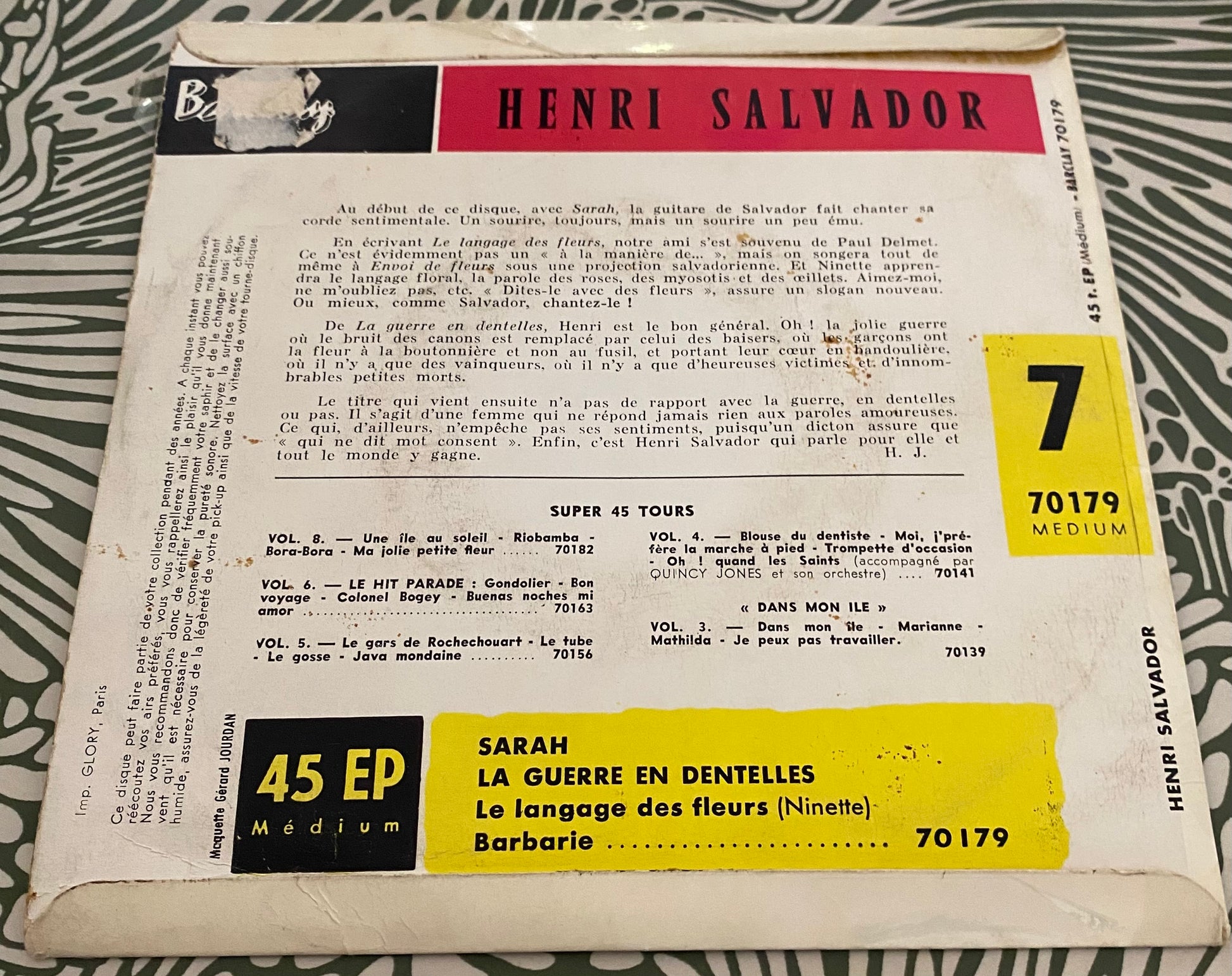 Disque vinyle 45 Tours Henri Salvador. Sarah