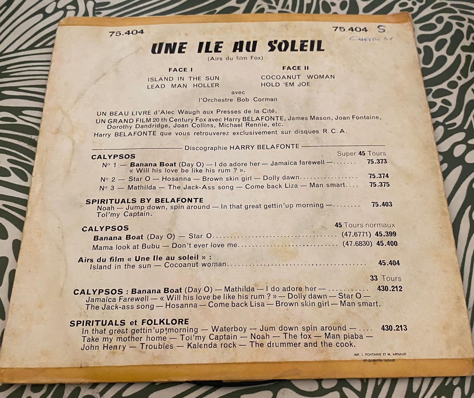 Disque vinyle 45 Tours Belafonte. Une île au soleil