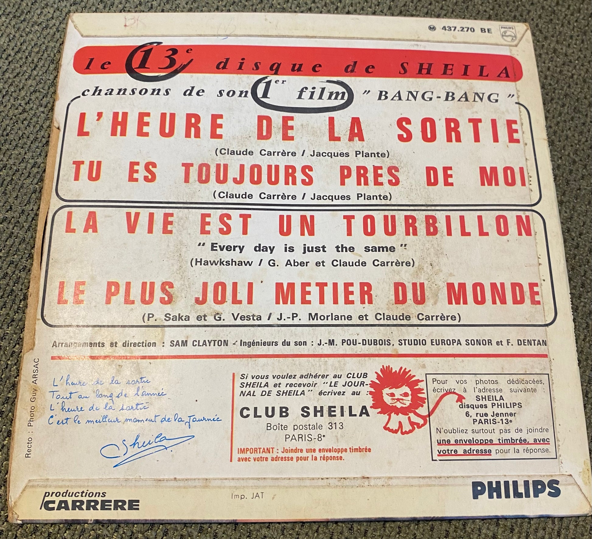 Disque vinyle 45 Tours Sheila. L’heure de la sortie.
