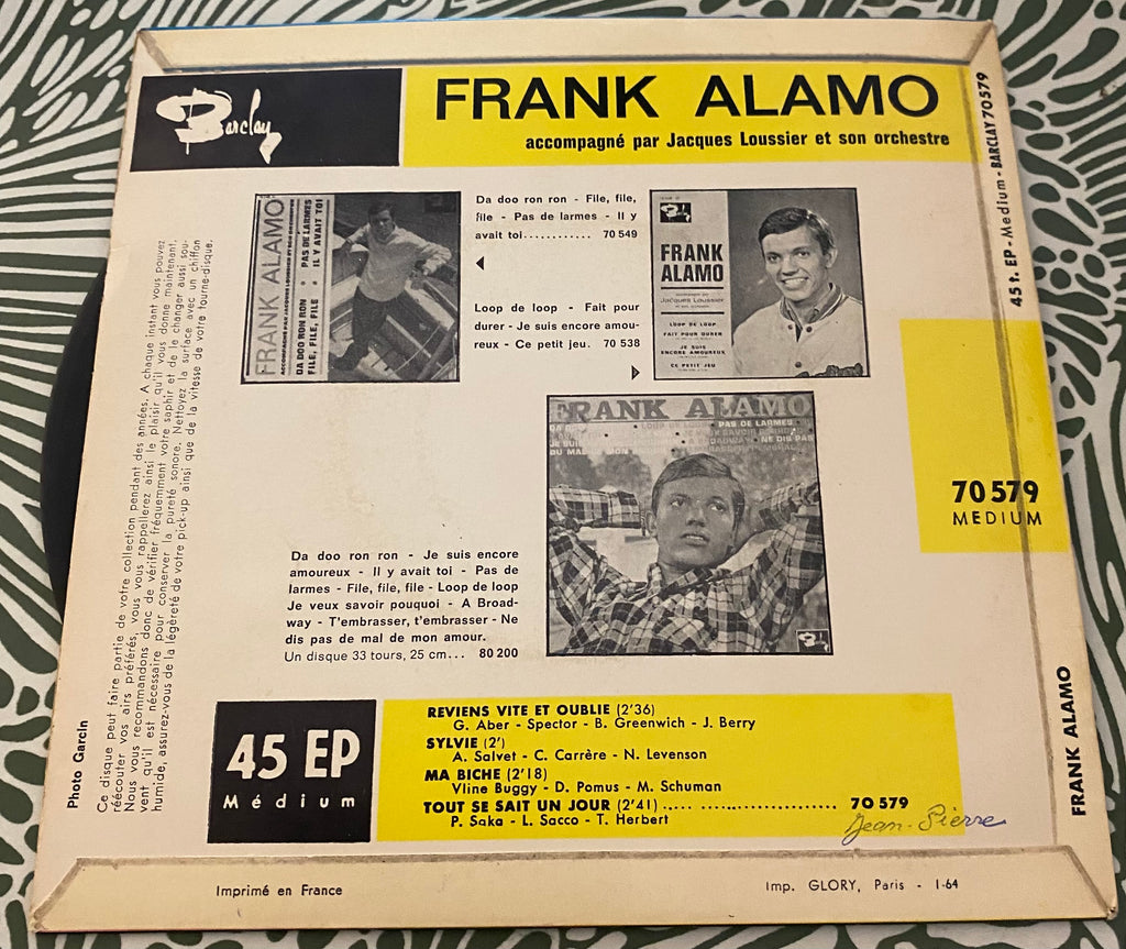 Disque vinyle 45 tours Frank Alamo. Reviens vite et oublie