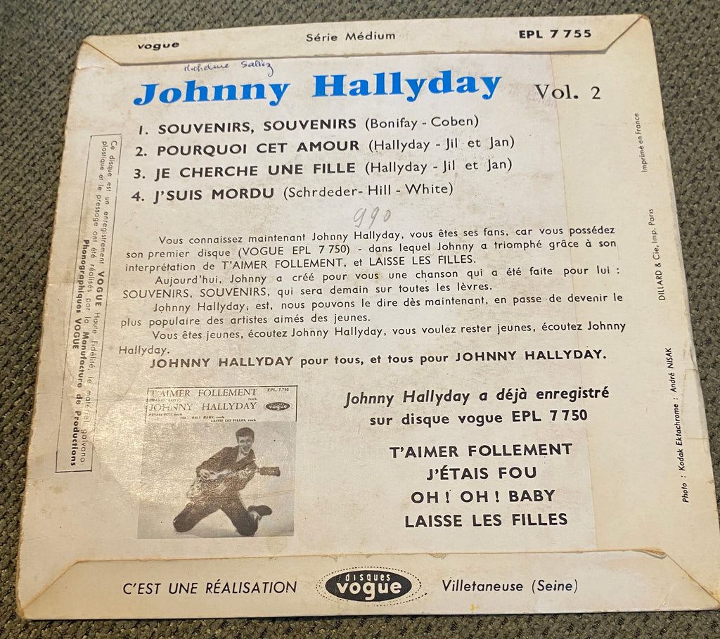 Disque vinyle 45 tours Johnny Hallyday. Souvenirs Souvenirs
