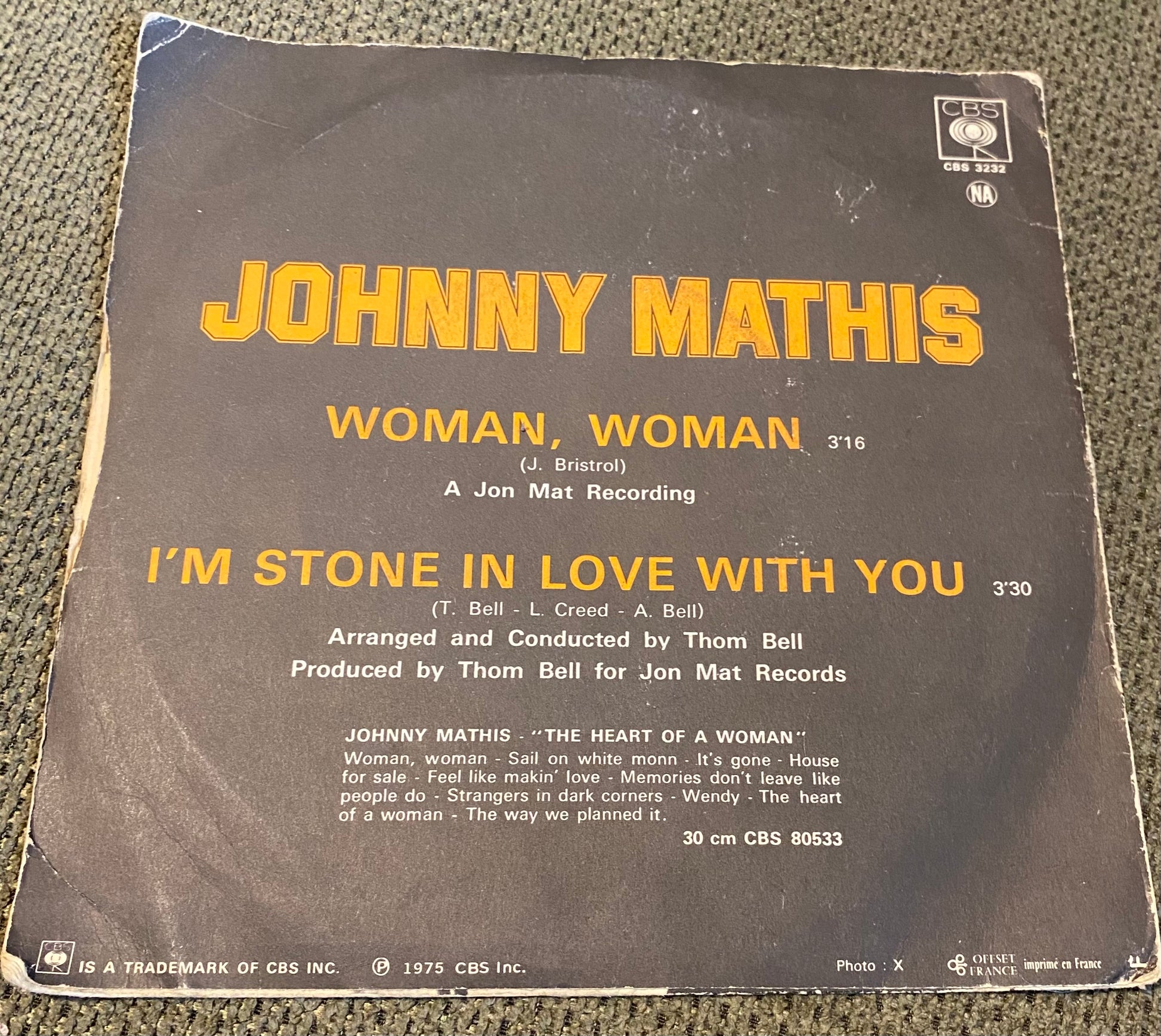 Disque vinyle 45 tours Johnny Mathis. Woman Woman